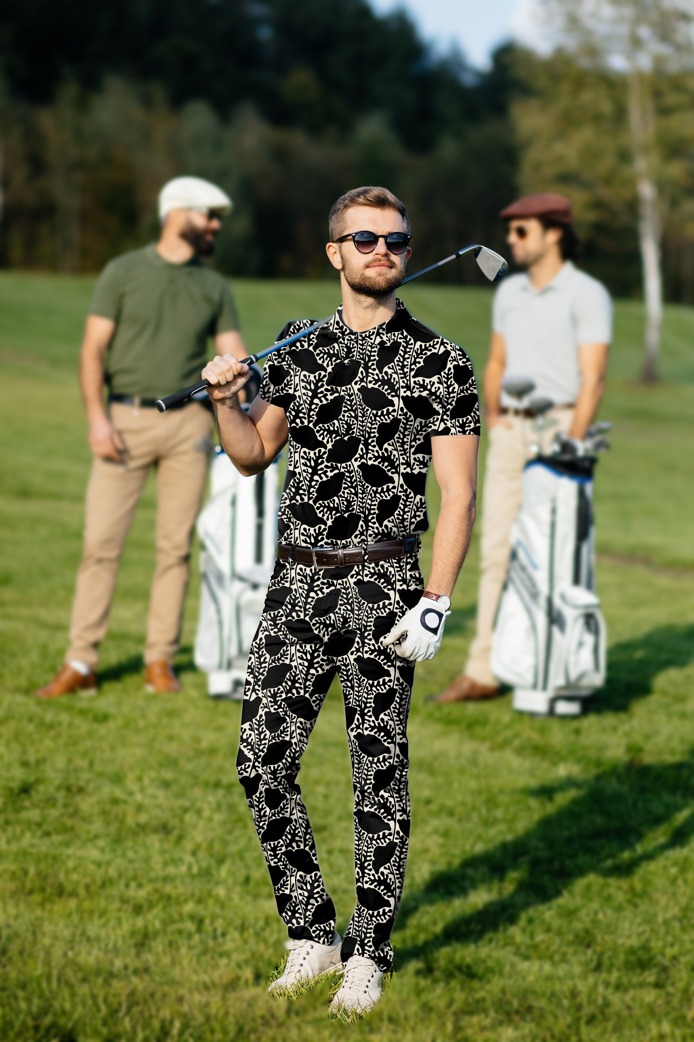 Men's golf set monochrome bloom polo and pants with four-way stretch and wrinkle-resistant fabric on golf course