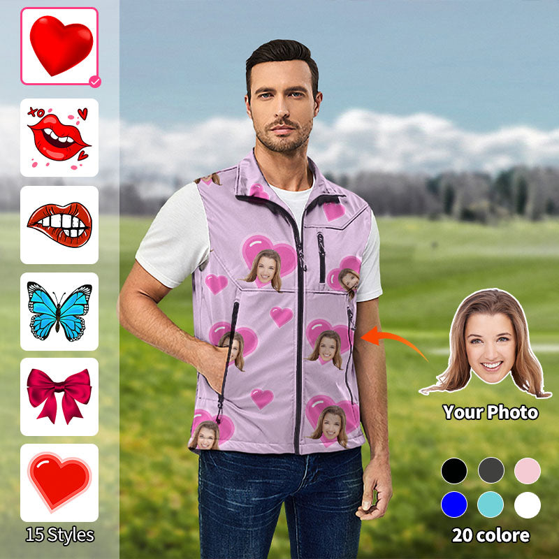 Valentine's Day Men's Custom Photo Face Custom Color Purple Love Lightweight Softshell Vest Sleeveless Jacket for Golf Windproof Waterproof