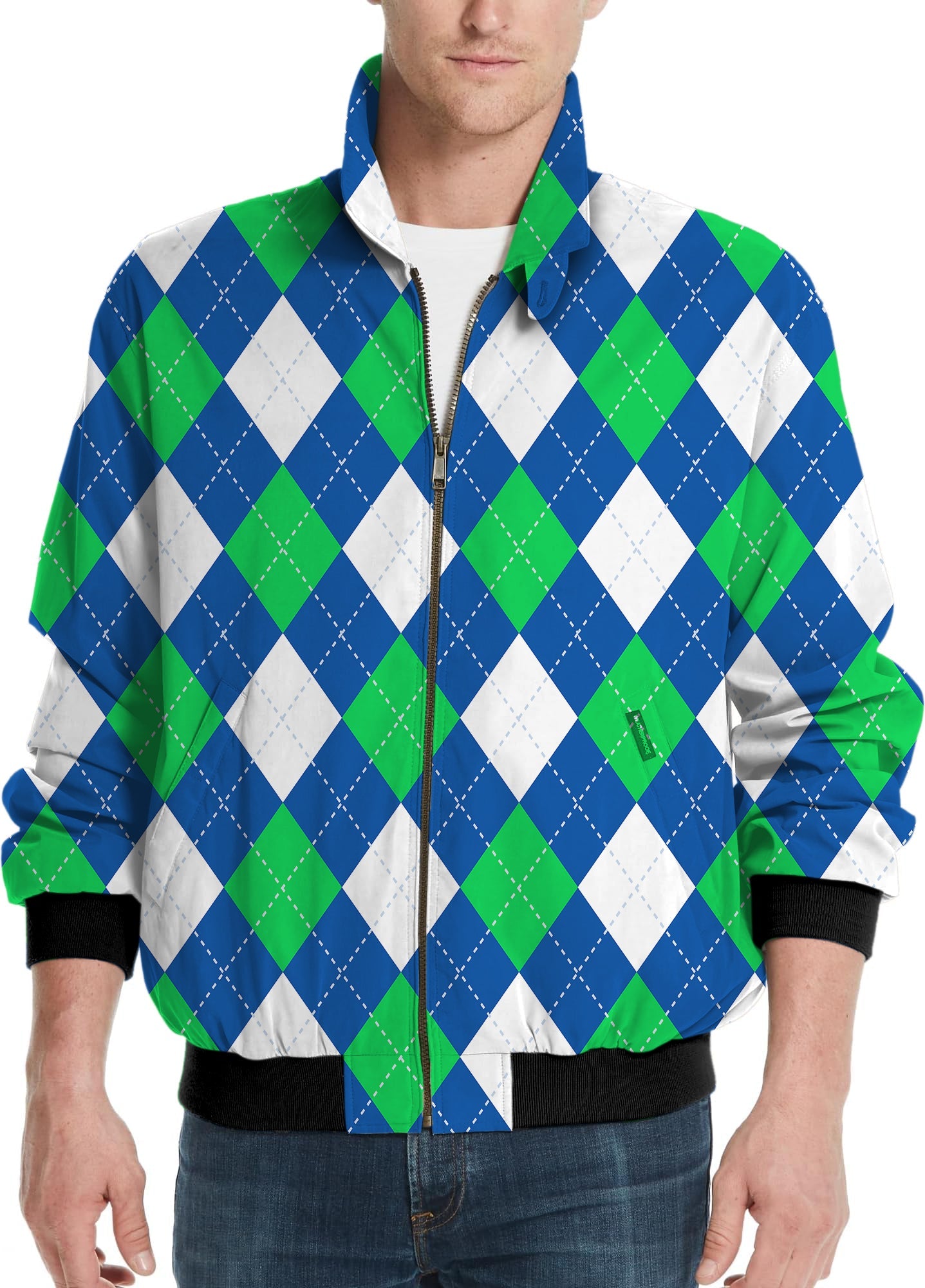 Men's golf windbreaker jacket with green and blue argyle pattern and zip front
