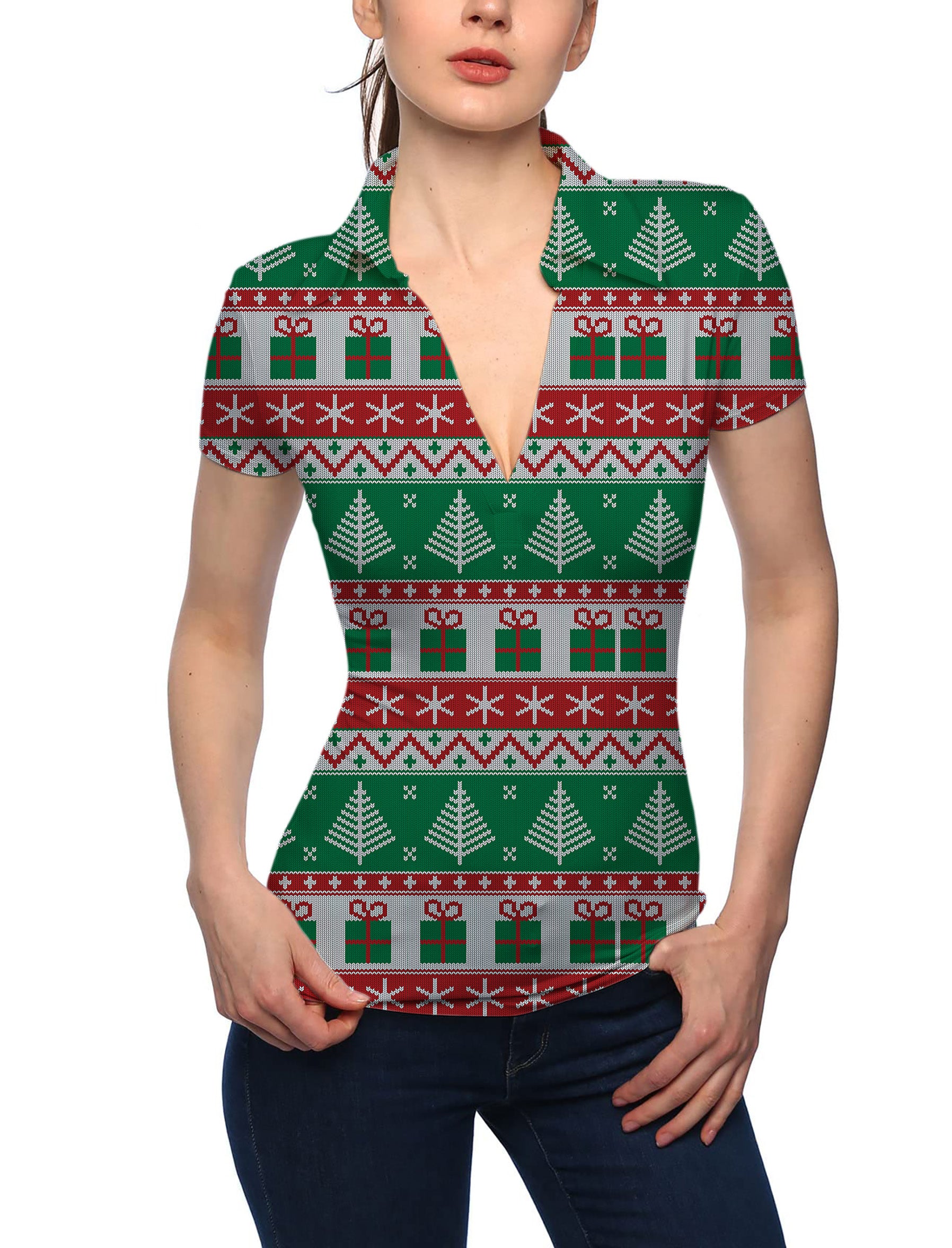 Women's Christmas Tree V Neck Golf Polo
