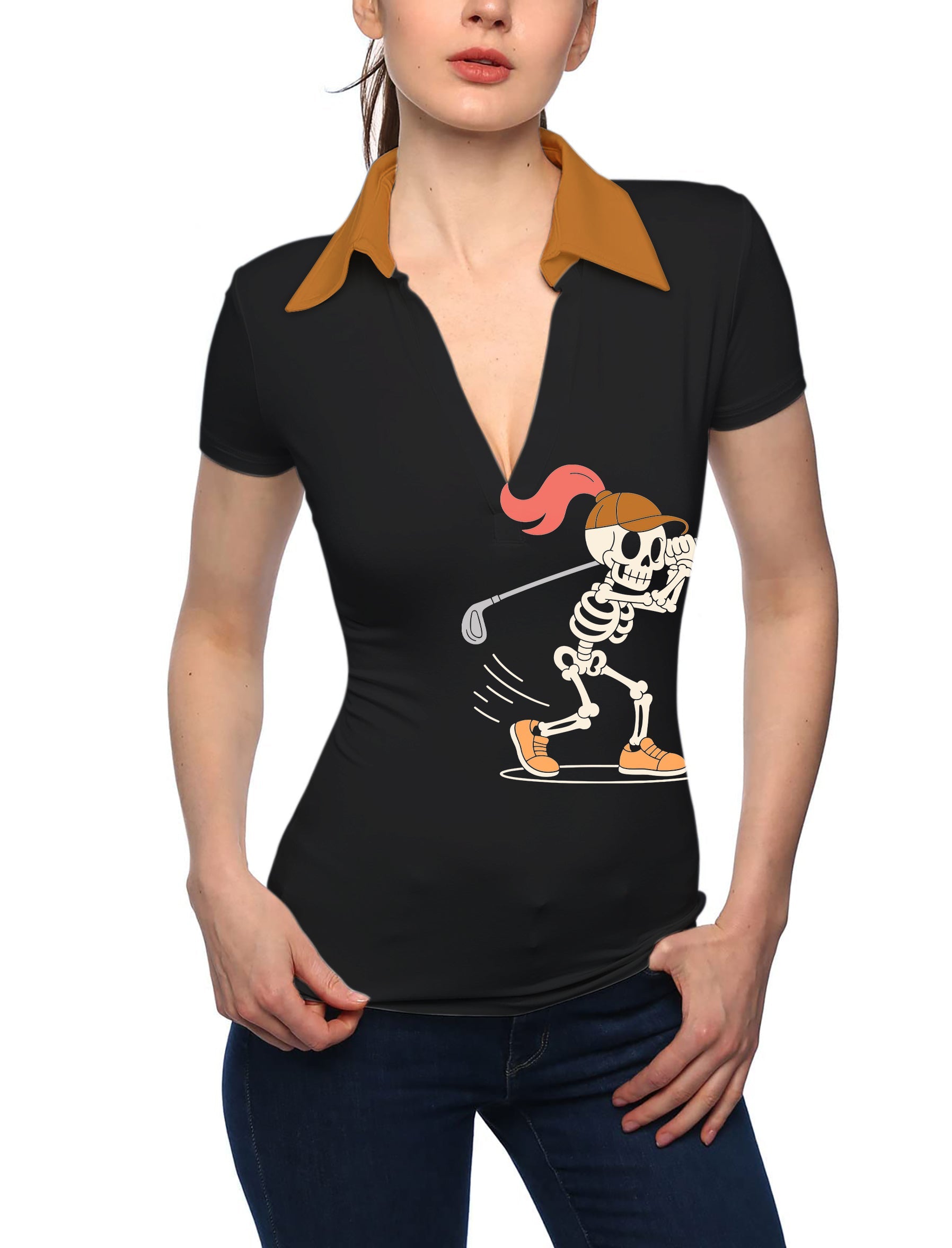 Women's pumpkin black Halloween skeleton golf V-neck polo shirt with stand collar.