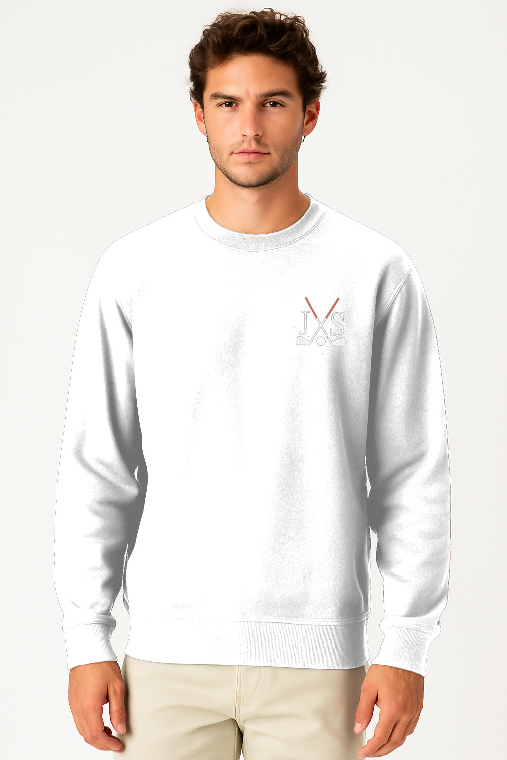 Embroidery solid color white plus size men's crew neck sweatshirt with front pouch pocket and rib knit cuffs.
