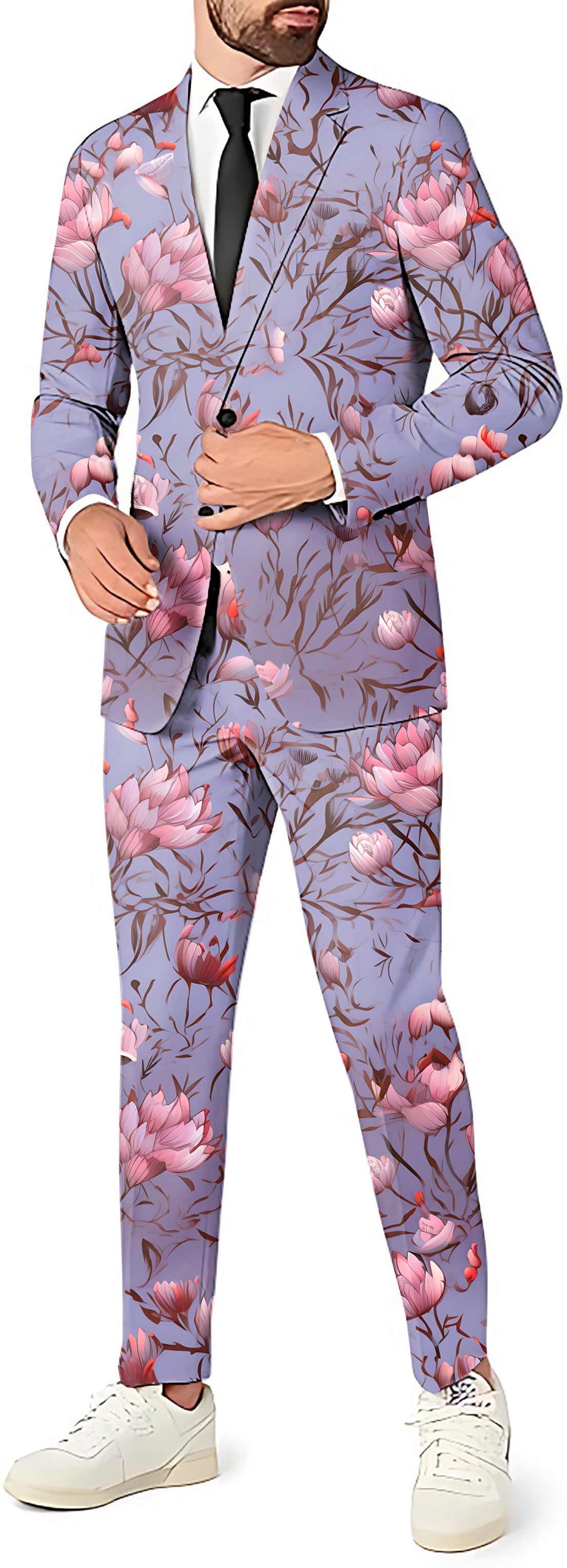 Men's cherry blossom themed slim fit party suit with blazer, pants, and vest.