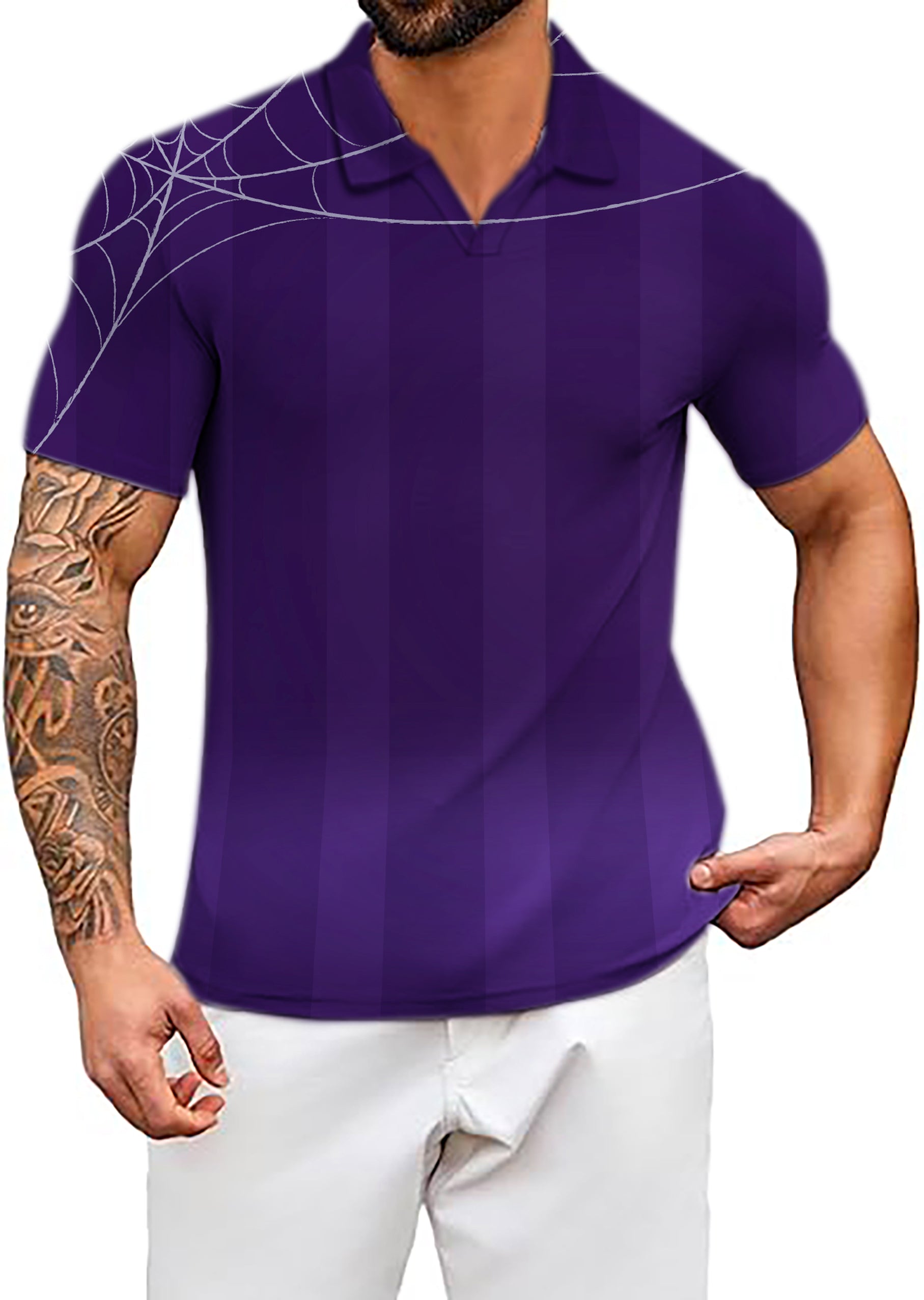 Men's Halloween purple spiderweb V Neck Golf Polo Shirts