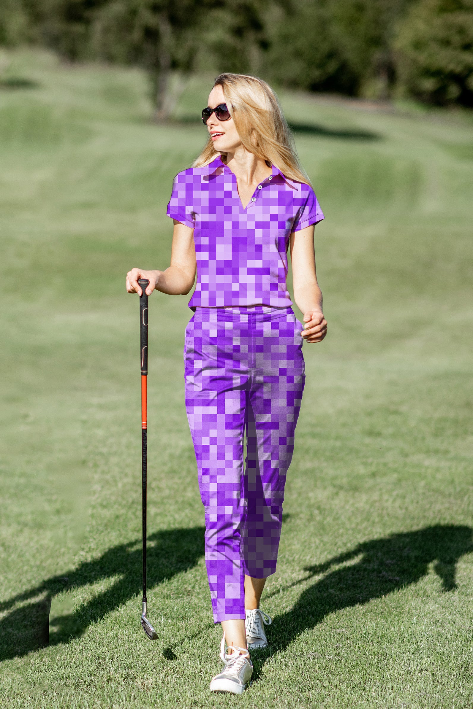 Women's Golf Polo+Pants Set Purple Pixel Big