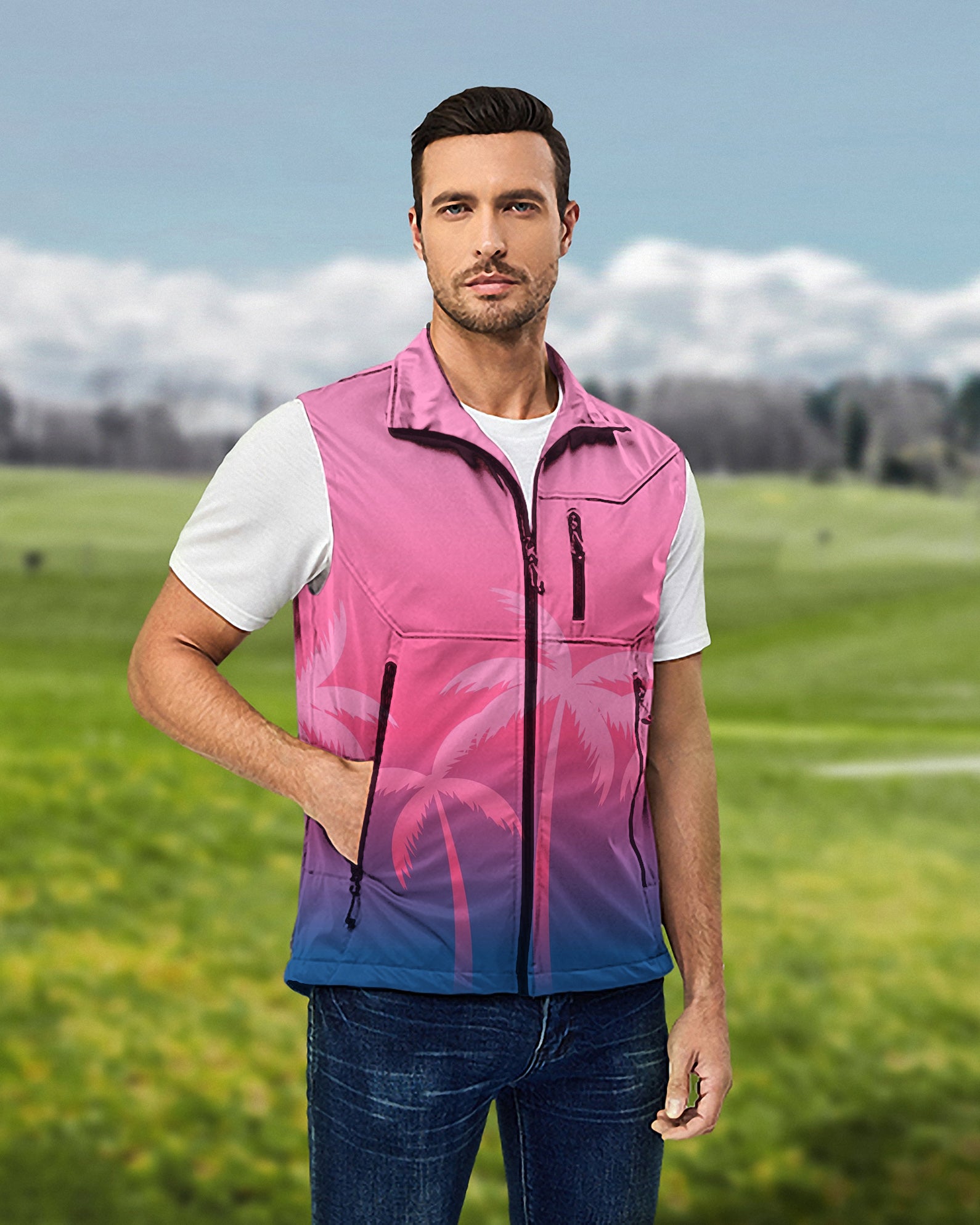 Men's Sunset Palm Paradise Lightweight Softshell Vest Sleeveless Jacket for Golf