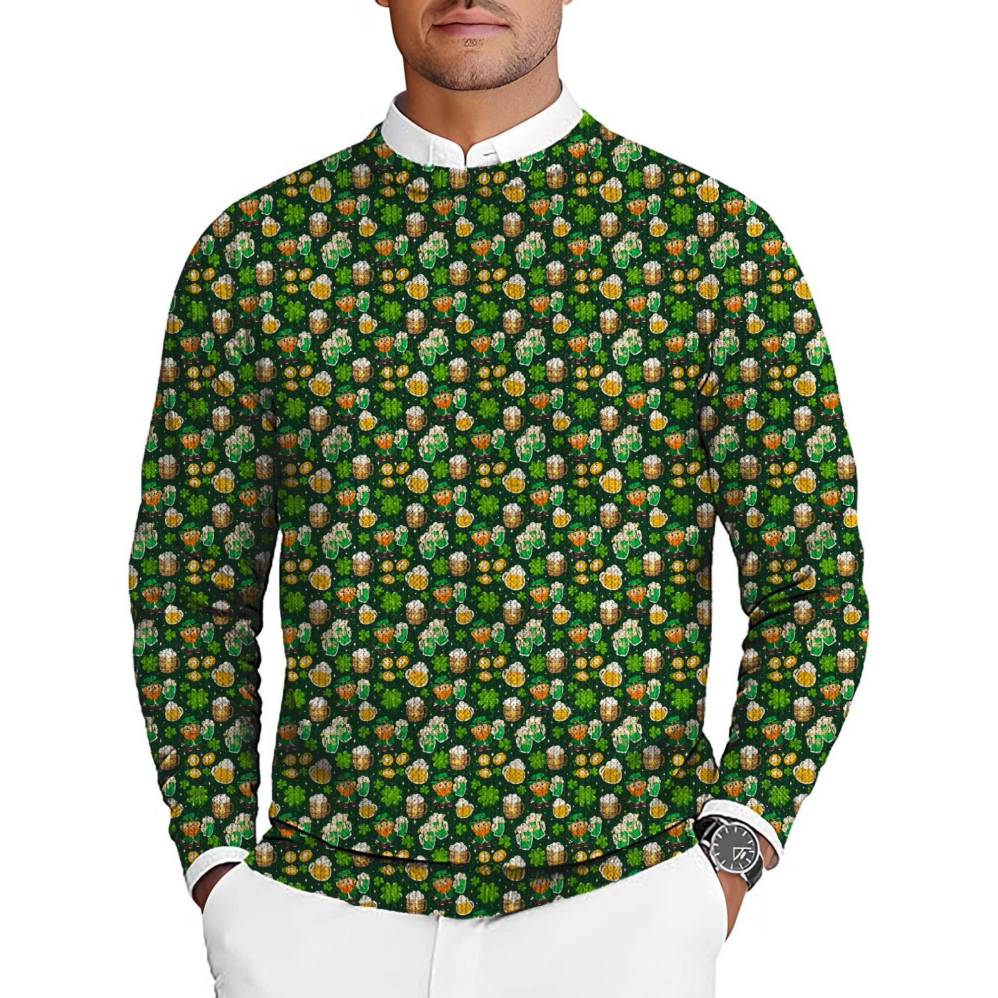 Men's St. Patrick's Day green beer and clover leaf golf crewneck pullover sweater