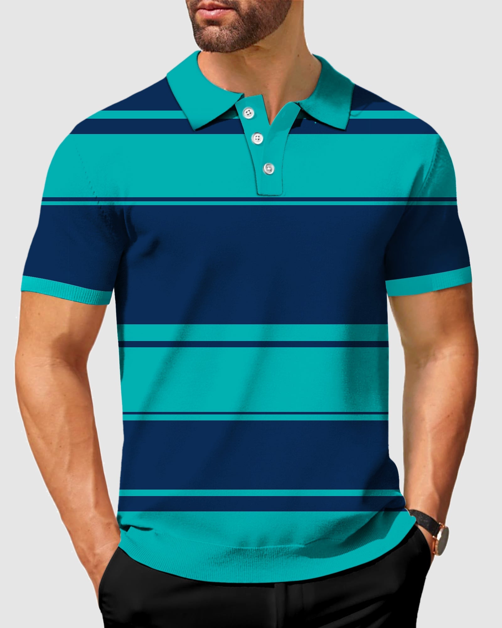 Men's thick horizontal stripes polo shirt with four-way stretch and moisture-wicking fabric