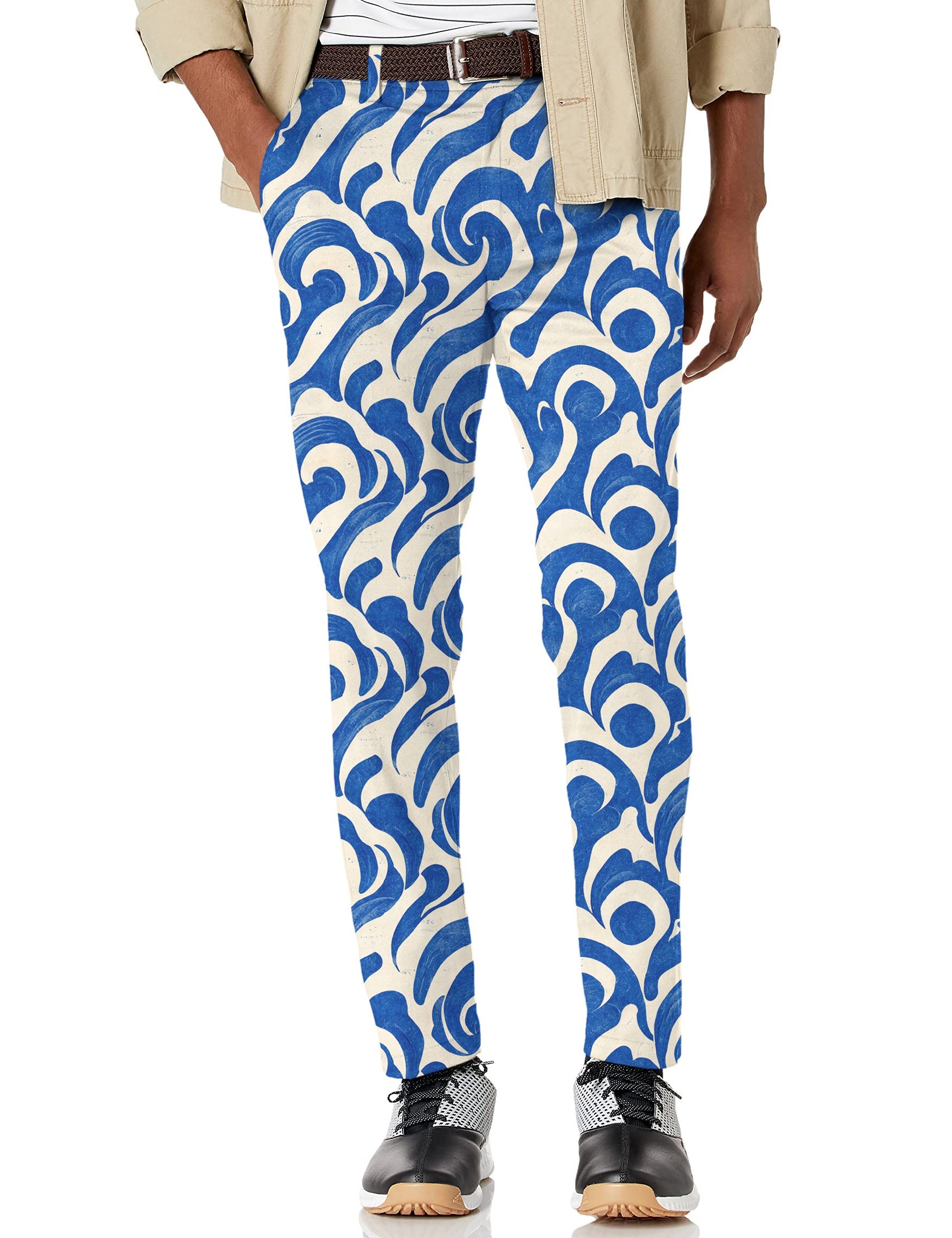 Men's Blue Harmony stretch golf pants with bold blue and white swirl pattern, lightweight moisture-wicking fabric, and active waistband for comfort and performance.