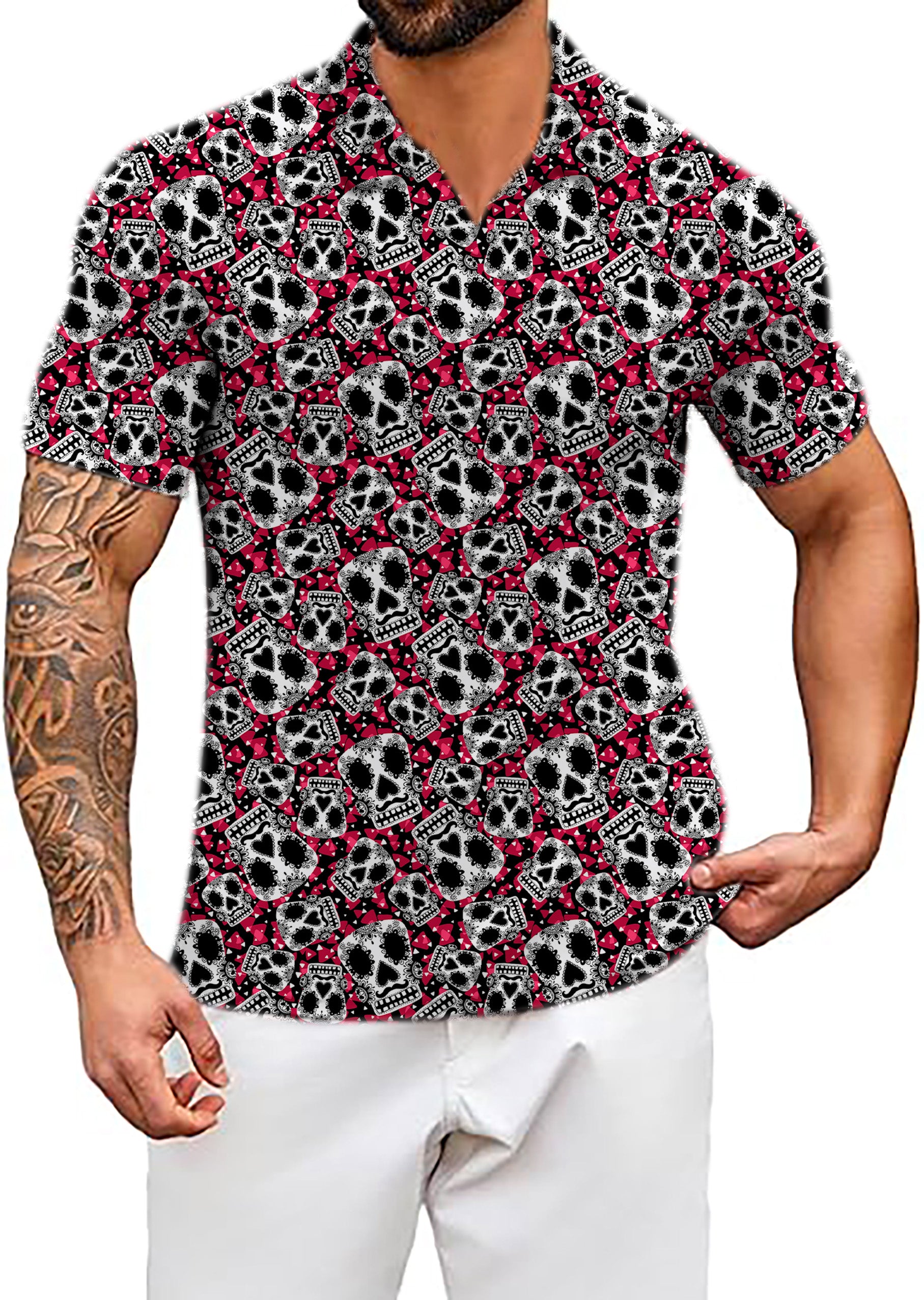 Men's Sugar Skull Pattern V Neck Golf Polo Shirts