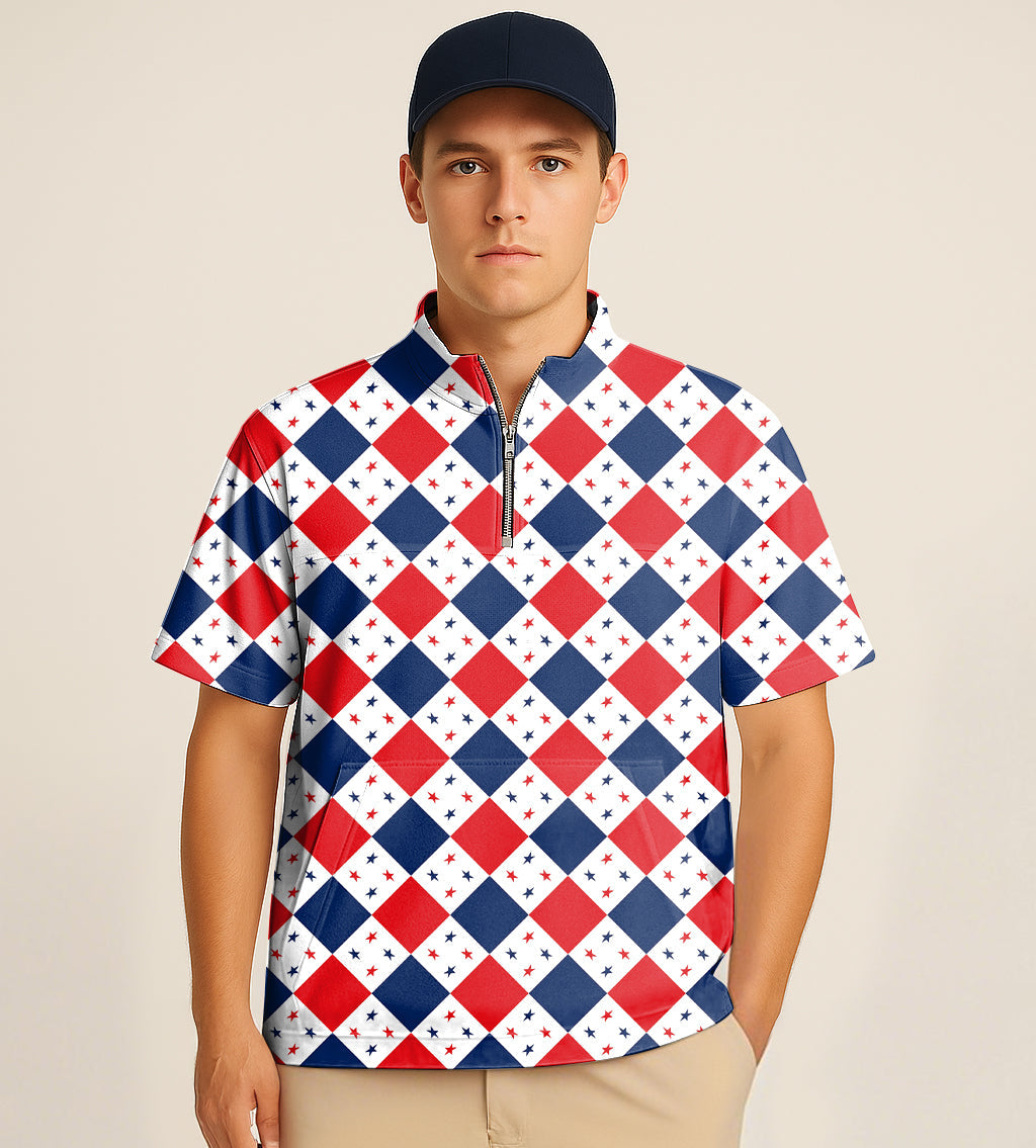 Half Zipper Turtleneck Golf Short Shirt Argyle US Star flag Quilting Golf Cover Set Embroidery