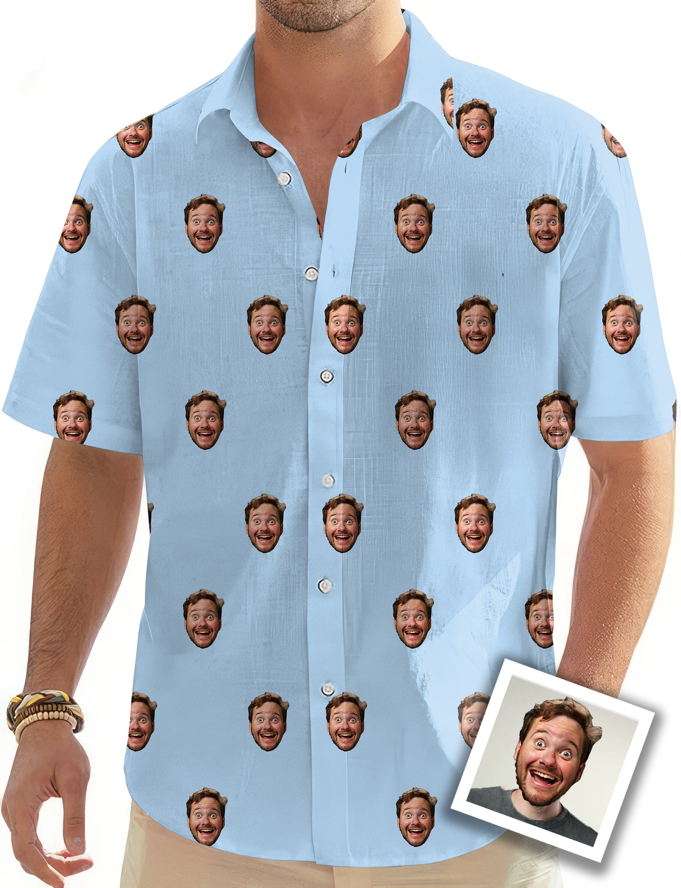 Men's custom photo funny face Hawaiian button-down shirt in light blue with short sleeves and classic collar design