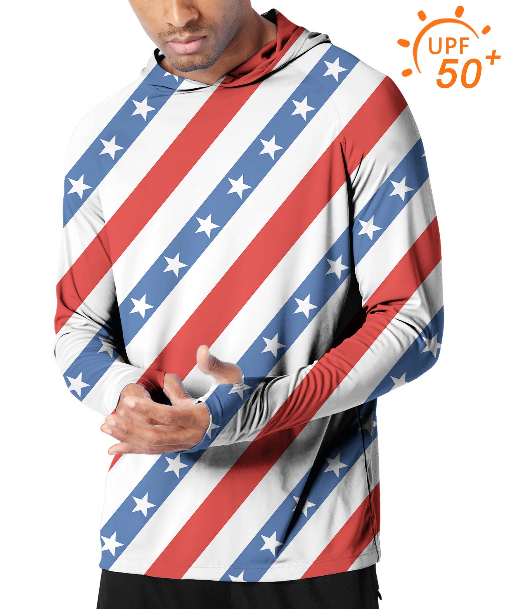 Men's outdoor slim fit hoodie with American flag design and UPF 50+ sun protection