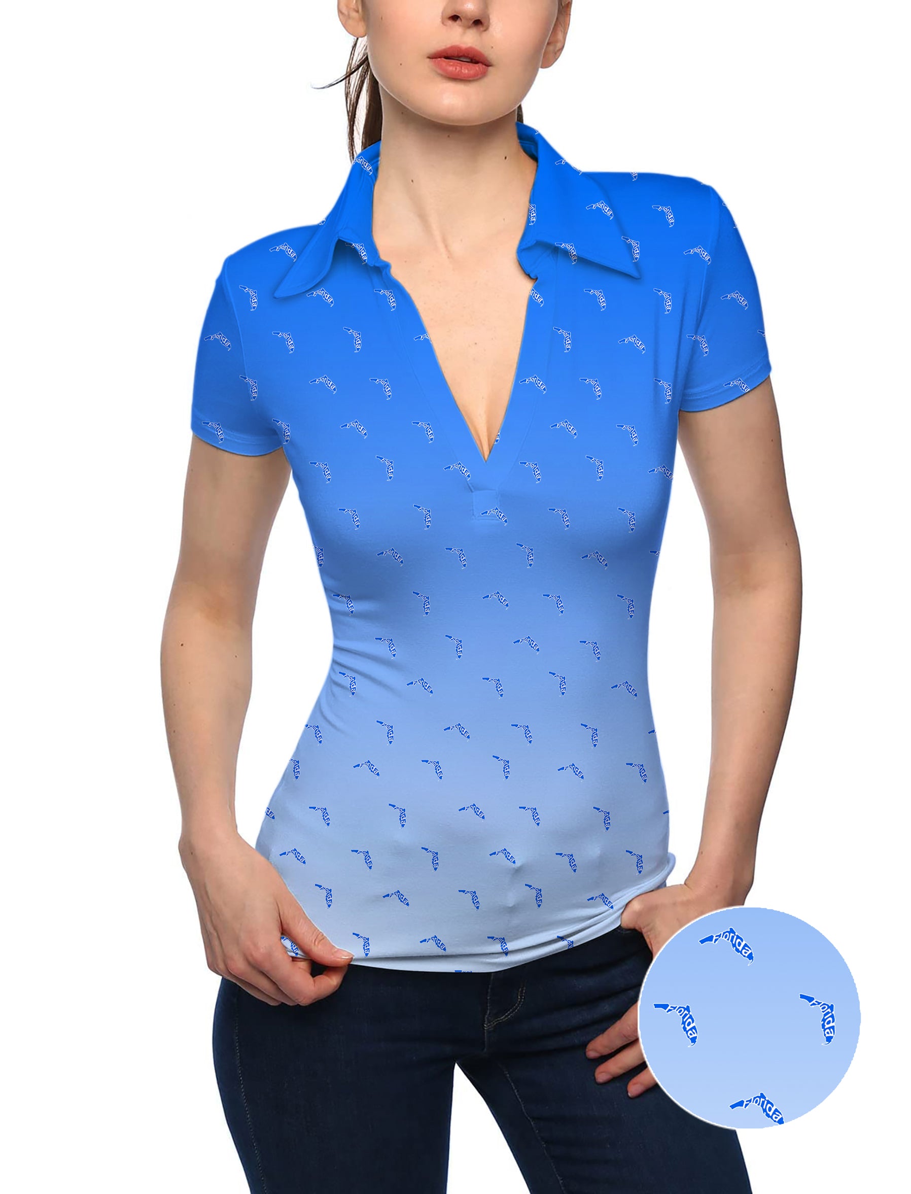 Women's Blue Florida V Neck Golf Polo