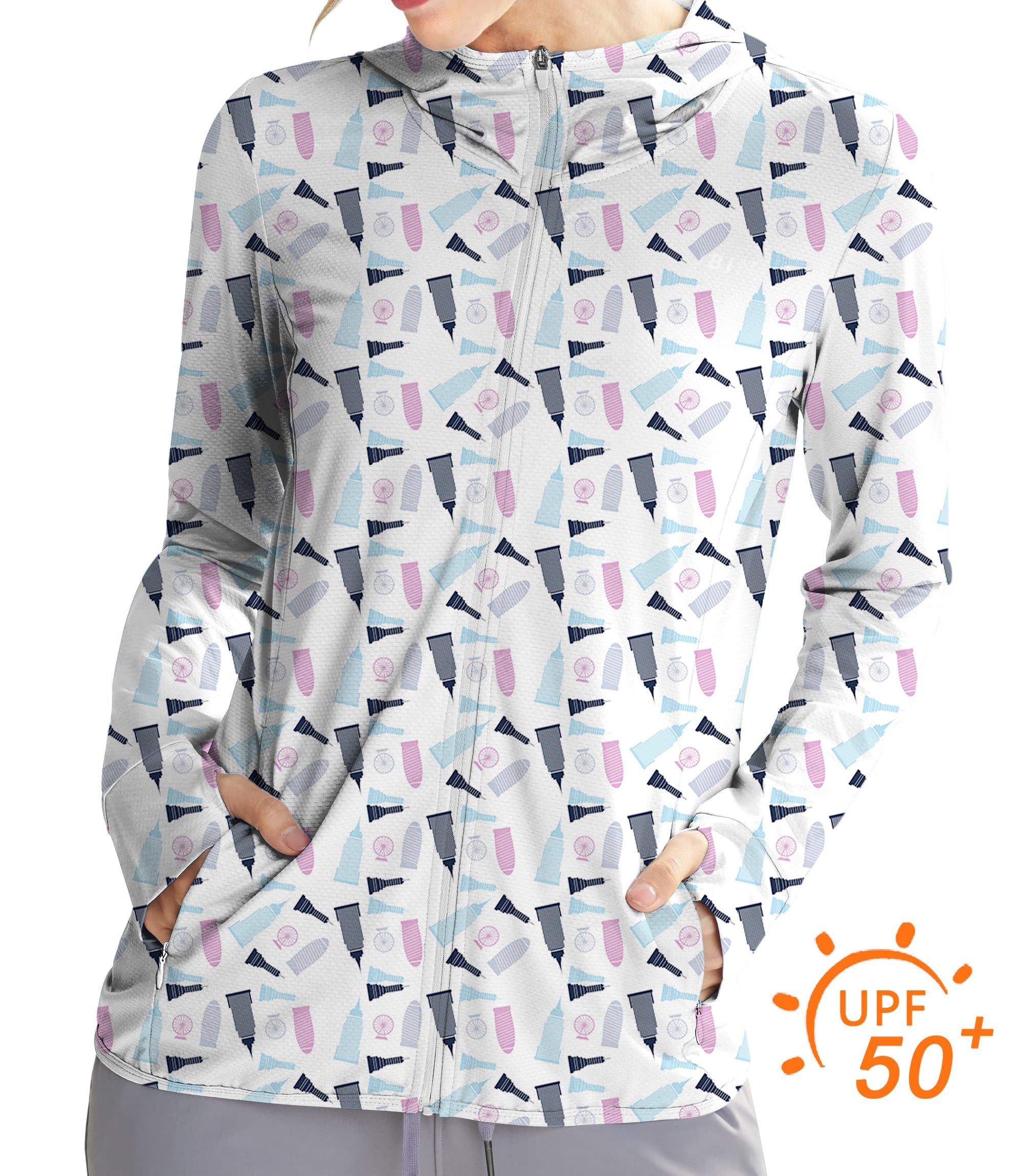 Women's outdoor slim fit zip hoodie with UV protection and Empire State Building golf design
