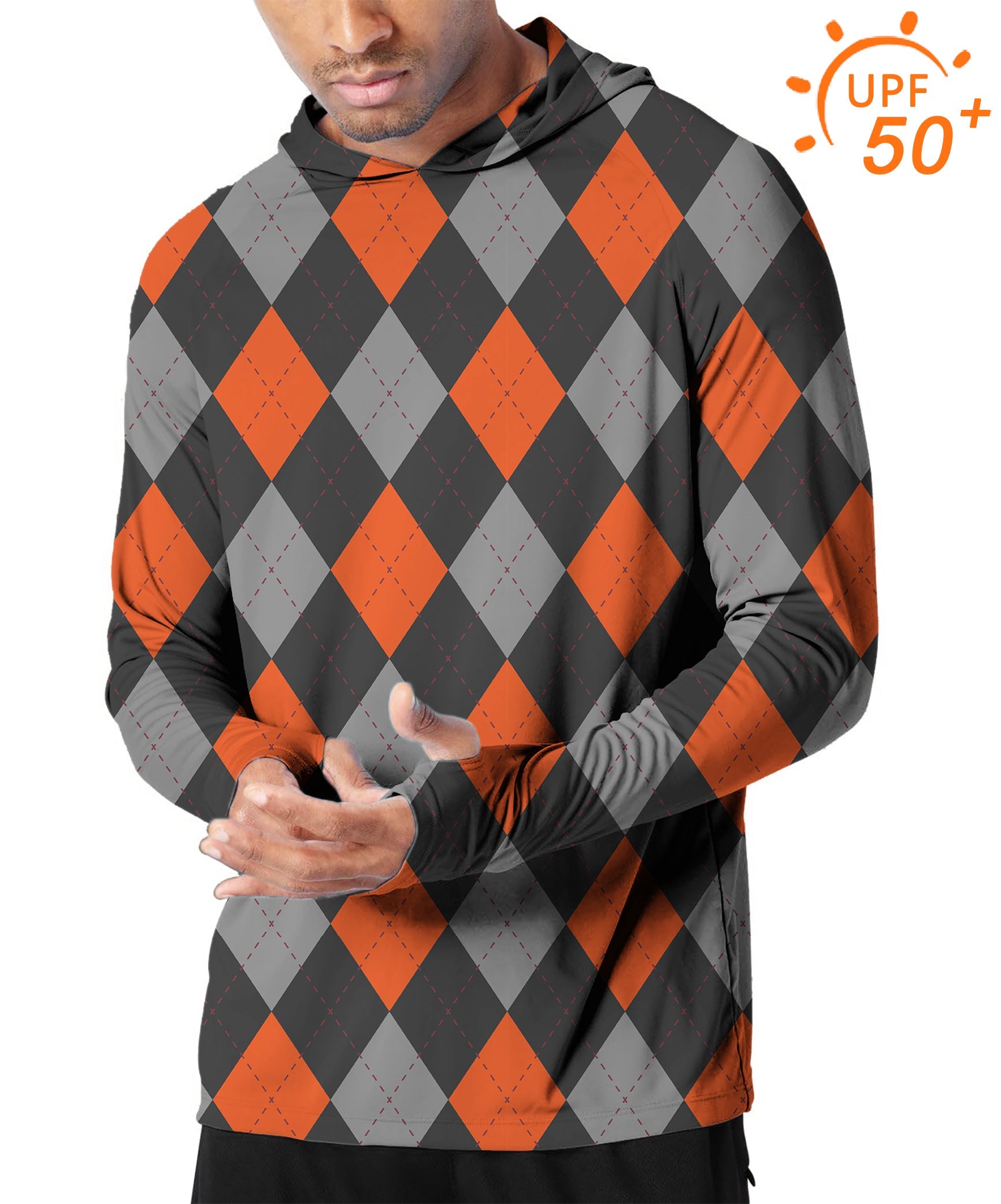 Men's outdoor Halloween black red argyle golf hoodie with UPF 50+ sun protection and slim fit design