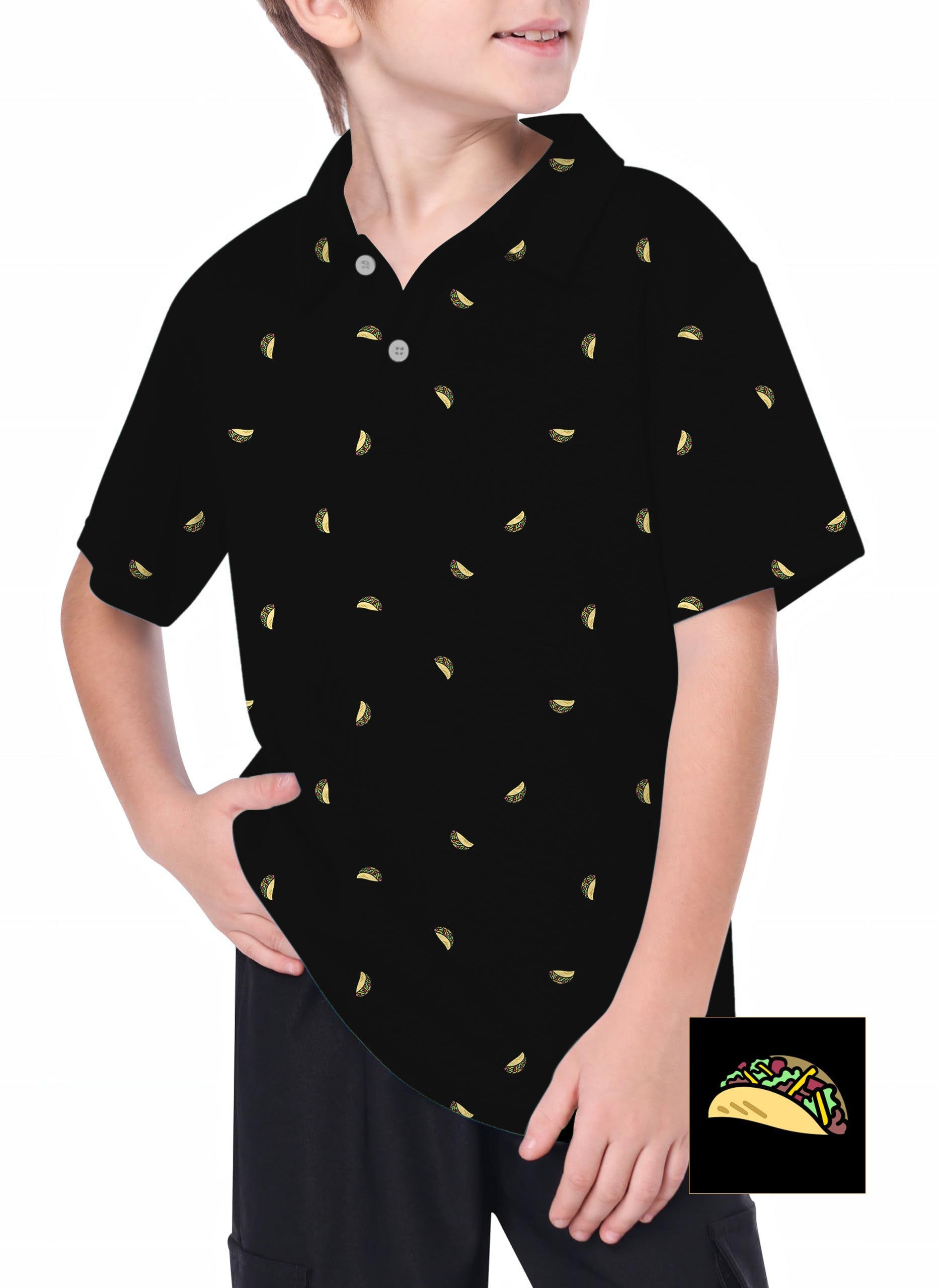 Youth golf polo with taco print on black, moisture-wicking and wrinkle resistant performance fabric