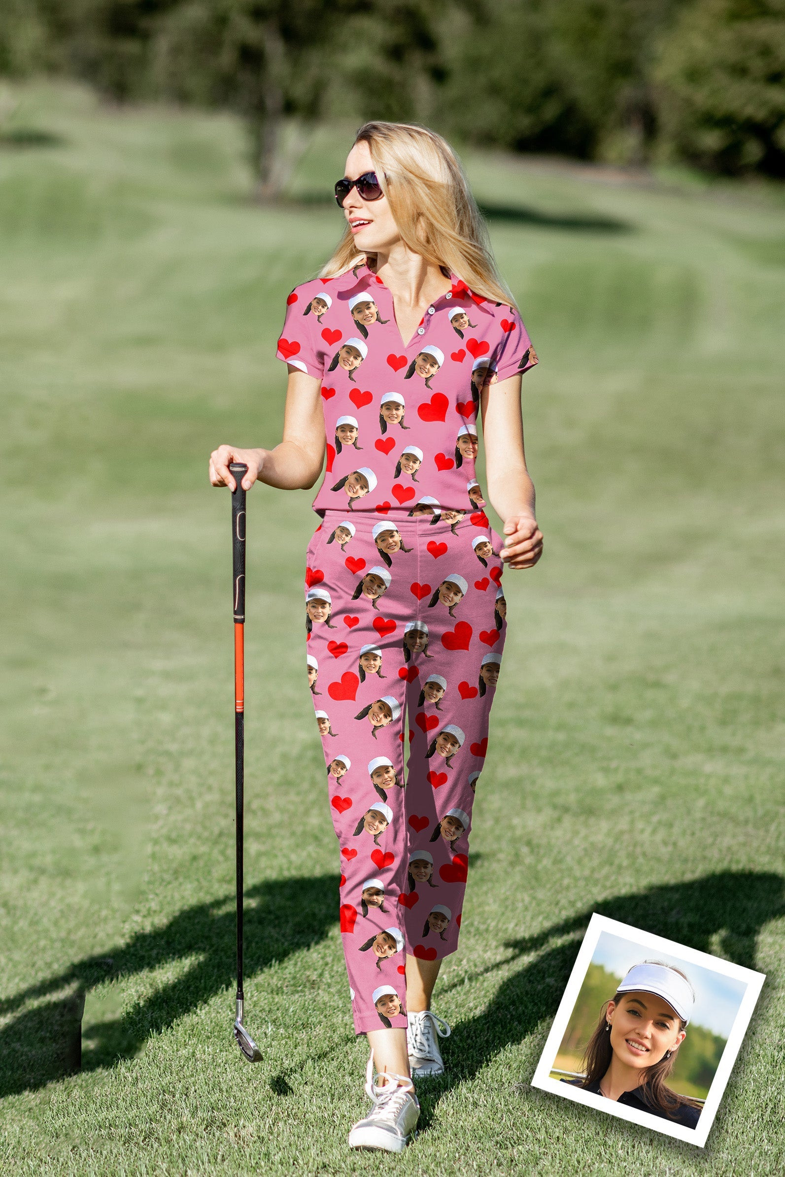 Women's golf polo and pants set with custom red heart and photo print, comfortable four-way stretch fabric, and wrinkle-resistant design
