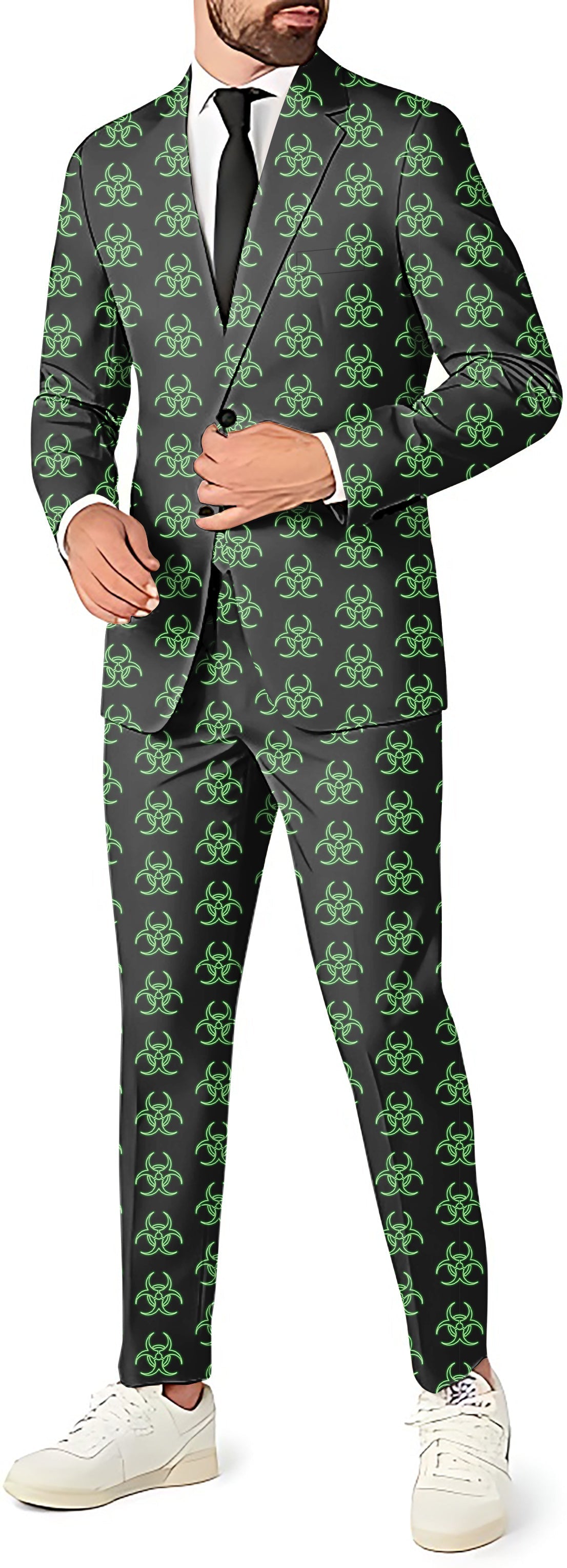 Hazardous Player men's party suit with biohazard print blazer, pants, and vest set