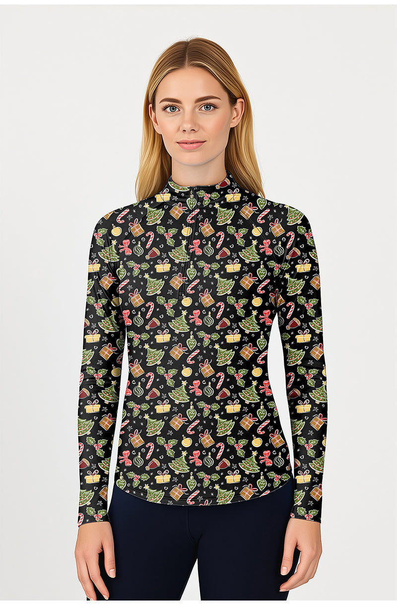 Women's Merry Christmas gift active 3/4 zip golf top with festive print and long sleeves