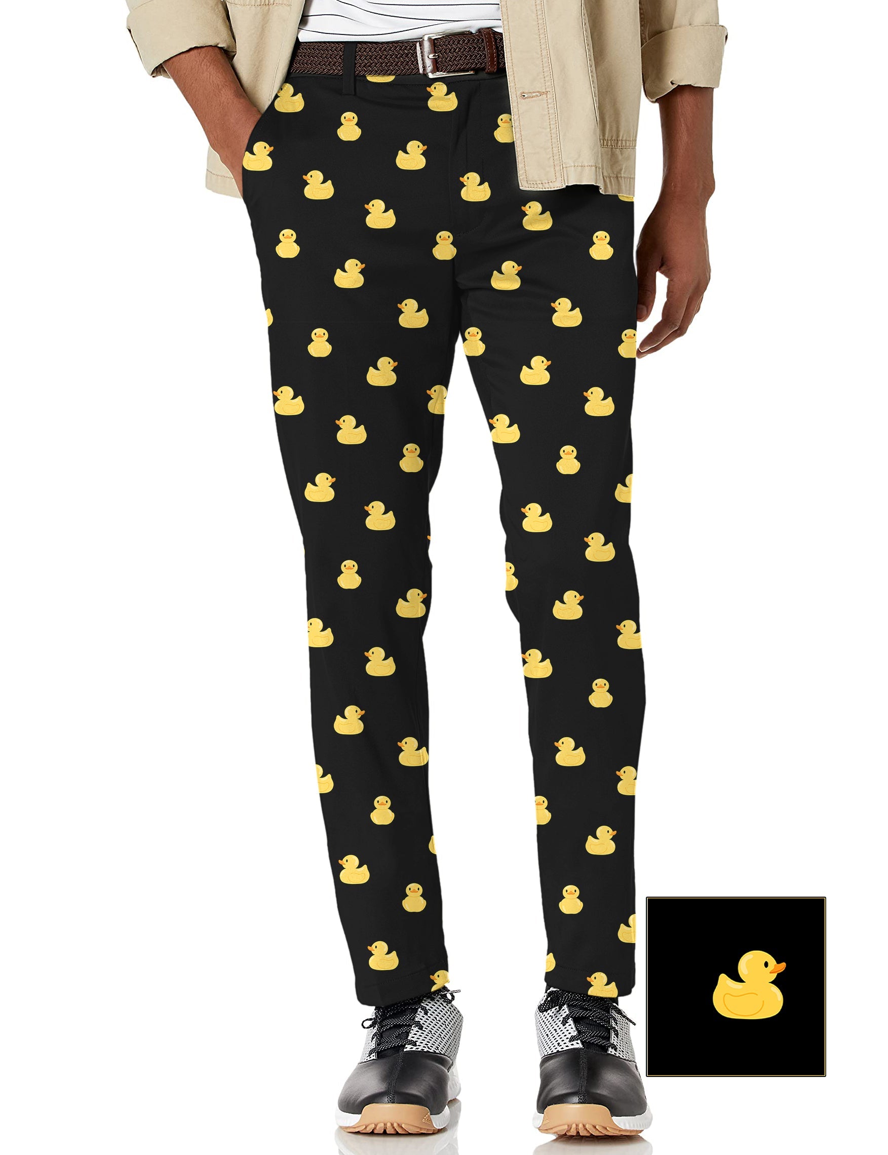 Men's yellow rubber duck print stretch golf pants with performance fabric and active waistband