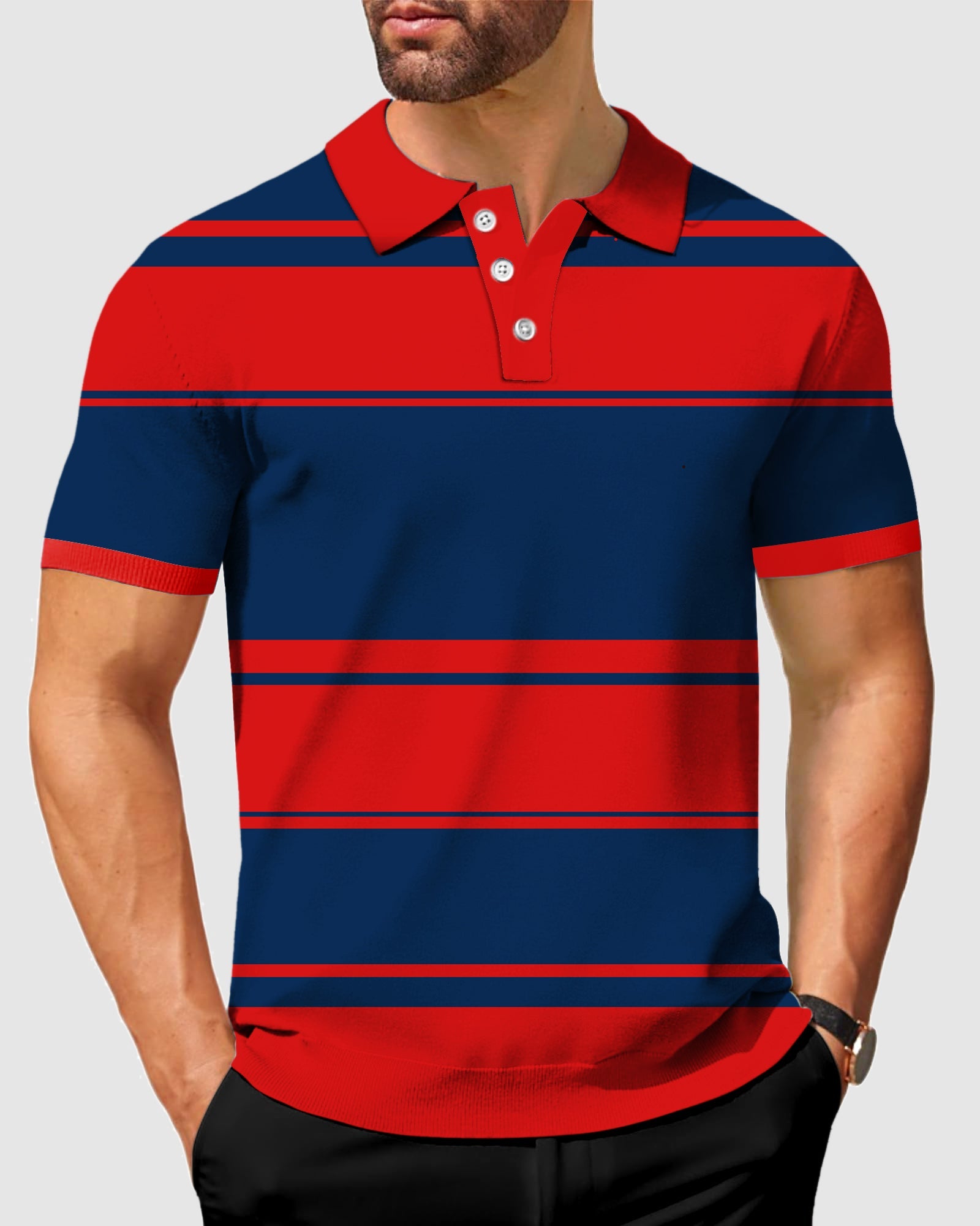 Men's thick horizontal stripes polo shirt with red and navy blue design, stretch fabric, and wrinkle-resistant finish.