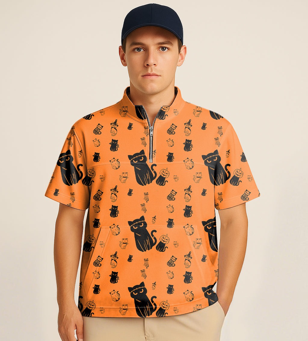 Half zipper turtleneck golf shirt with Halloween cute cat embroidery in orange color