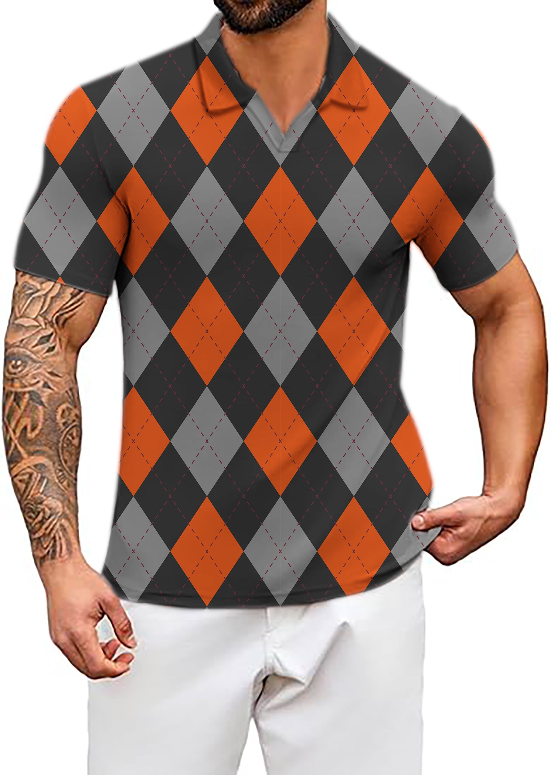 Men's Coconut Palm Halloween black and red argyle V-neck golf polo shirt with four-way stretch and moisture-wicking fabric
