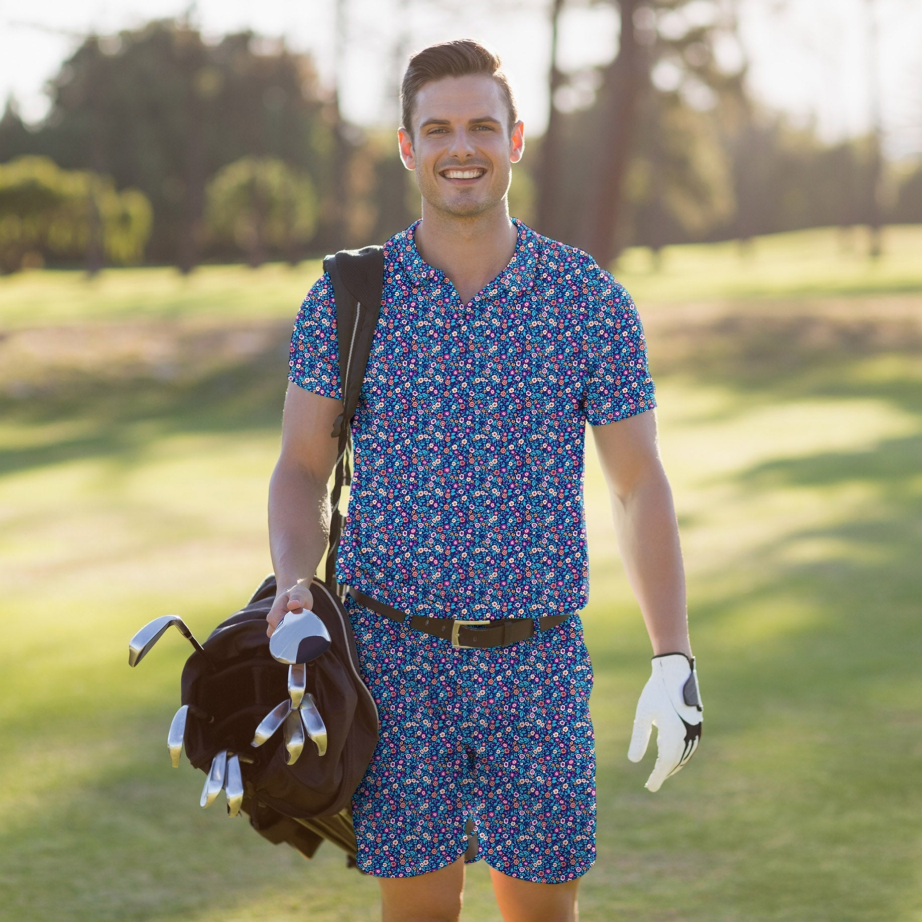 Men's golf set polo and shorts in dark floral pattern with four-way stretch and moisture-wicking fabric