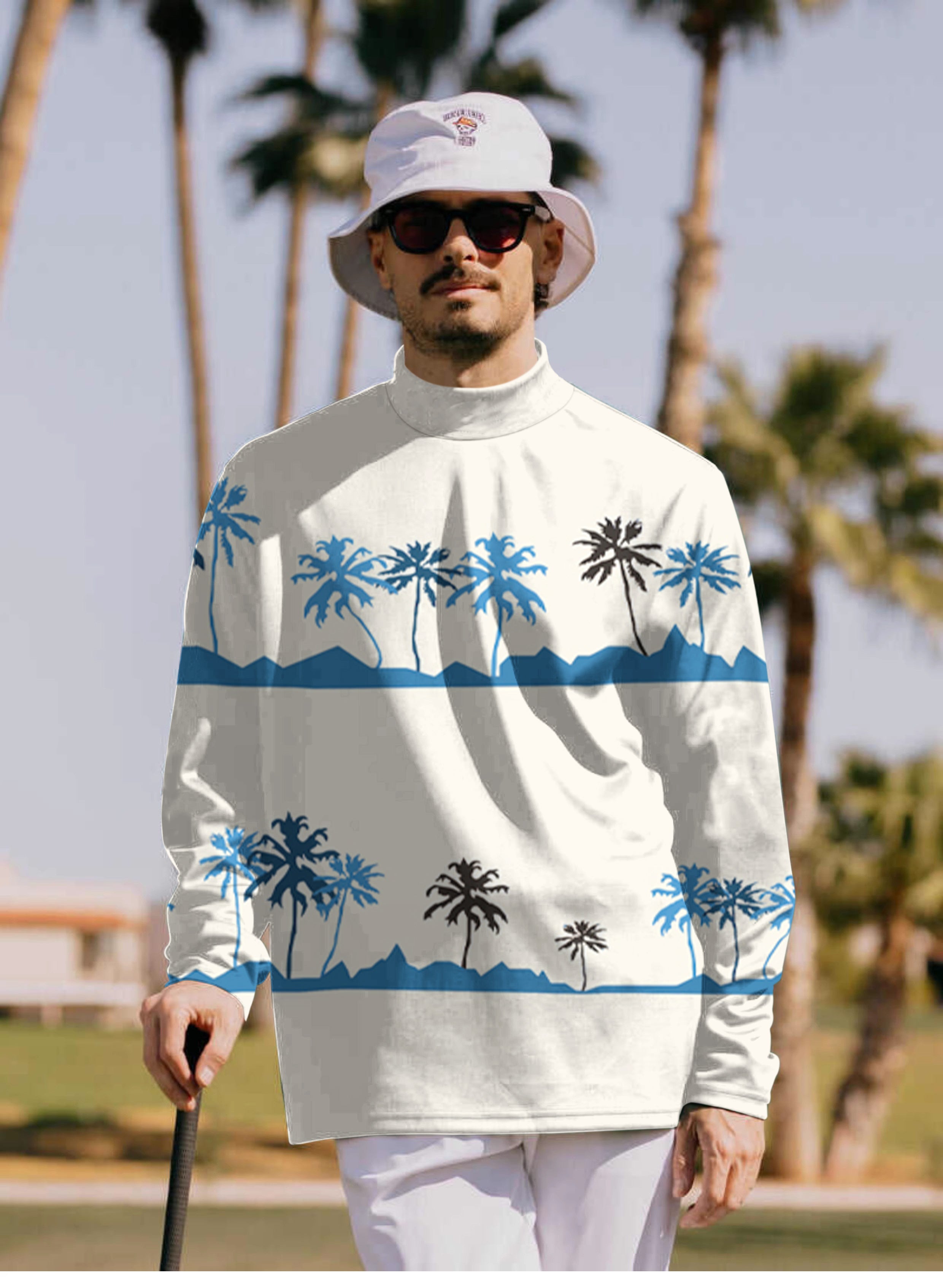 Men's palm tree pullover high neck long sleeve t-shirt with blue and black palm tree design