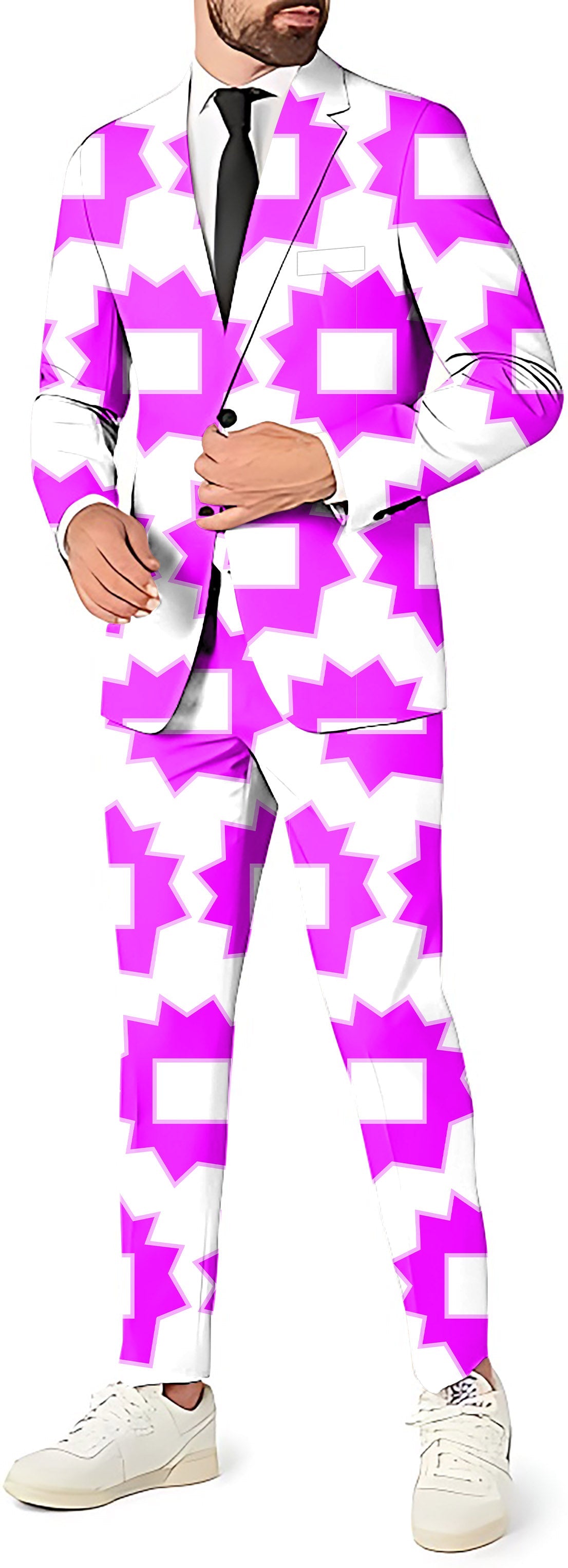 Limited Edition men's party suit with pink and white geometric pattern blazer and pants