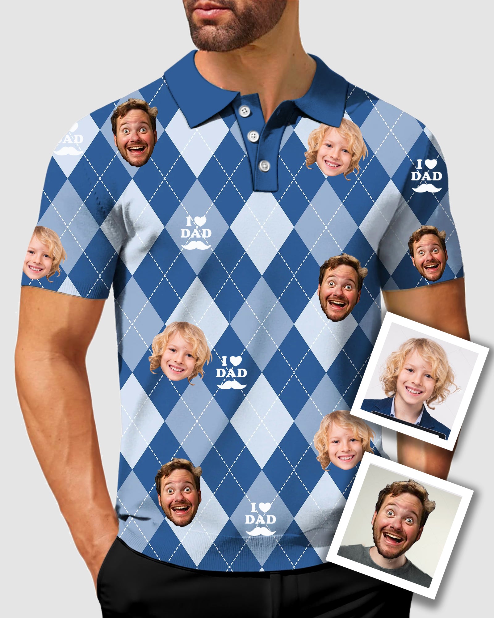 Men's To My Dad Custom Face Blue Argyle  Men's Golf Polo Father's Day Gift  Polo
