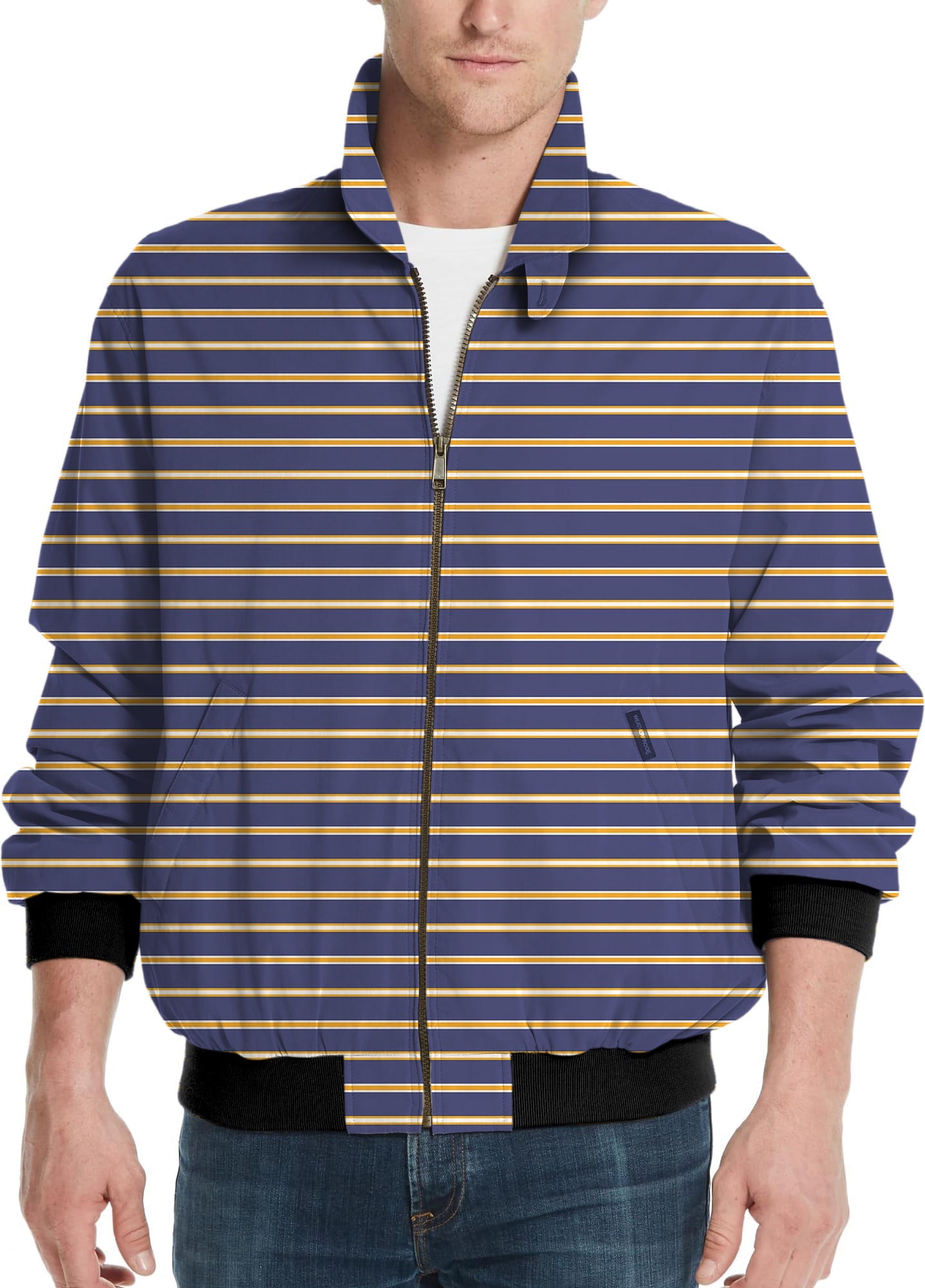 Men's navy blue and orange striped golf windbreaker jacket with zipper and black cuffs