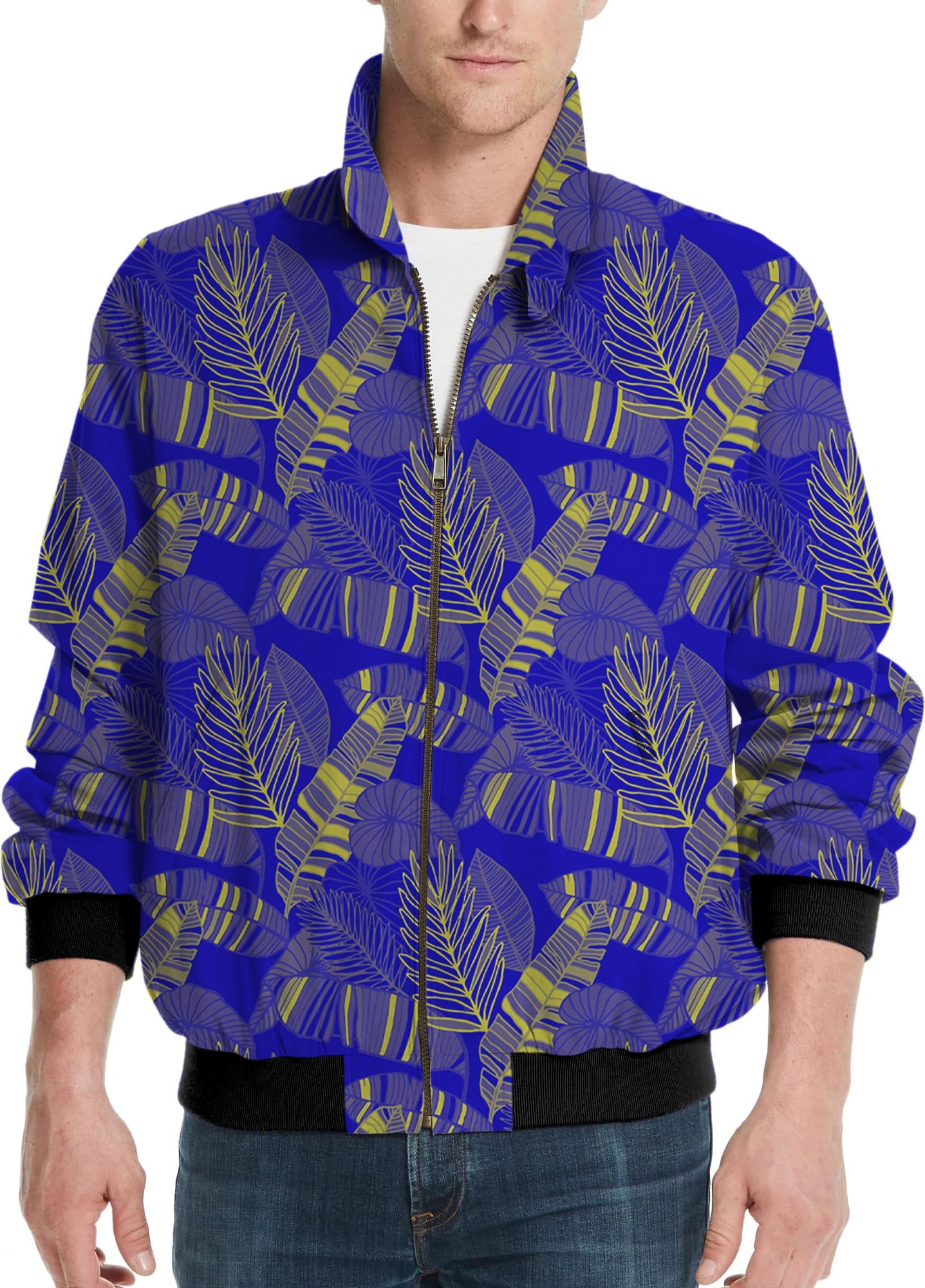 Men's golf windbreaker jacket with blue and yellow palm leaf pattern