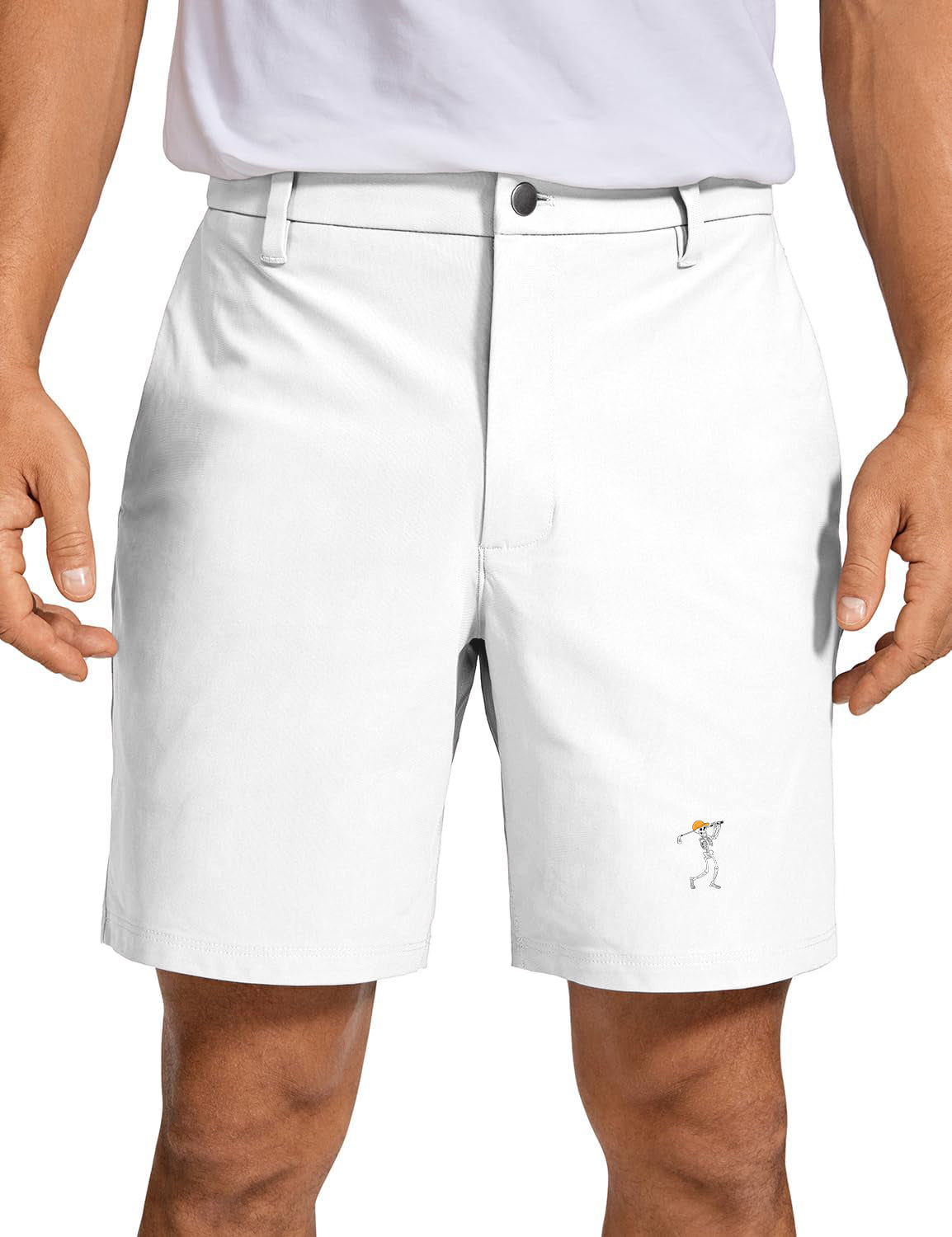 Men's white Halloween skeleton golf shorts with pumpkin design, premium breathable fabric, quick-dry, two-way stretch, lightweight, wrinkle-free golf shorts