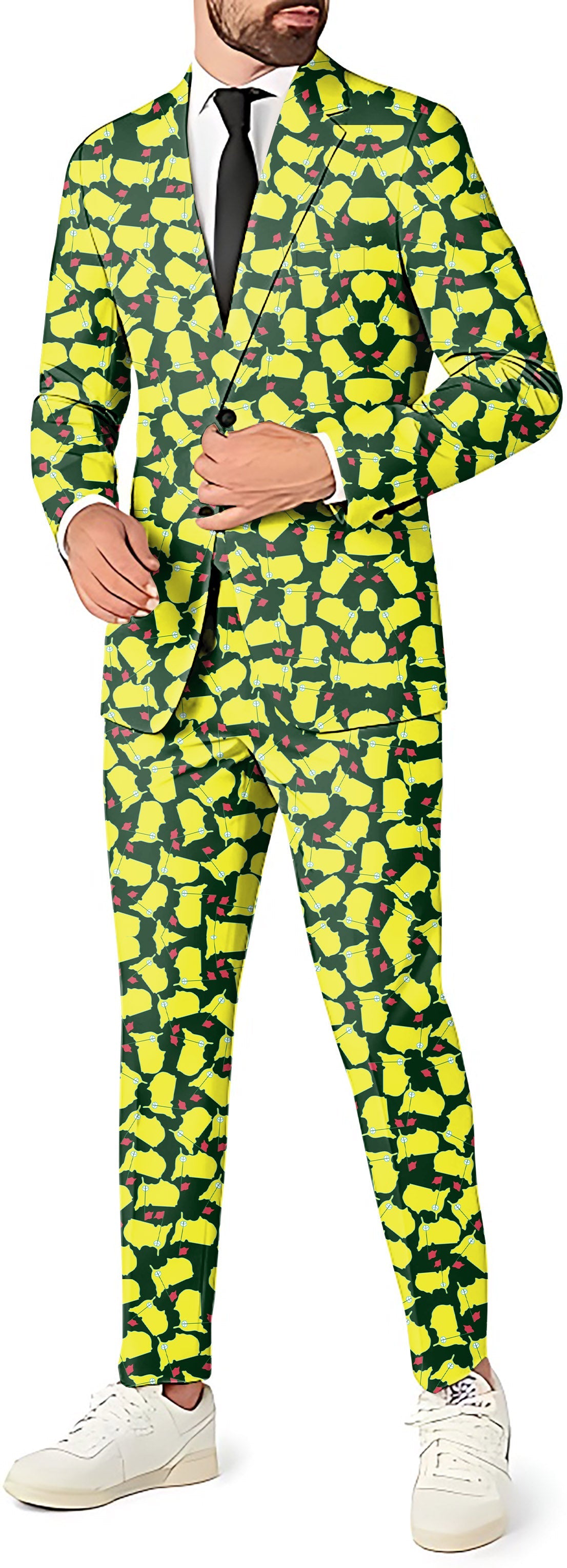 Augusta men's slim fit party suit set with blazer, pants, and vest in a bold yellow and green pattern