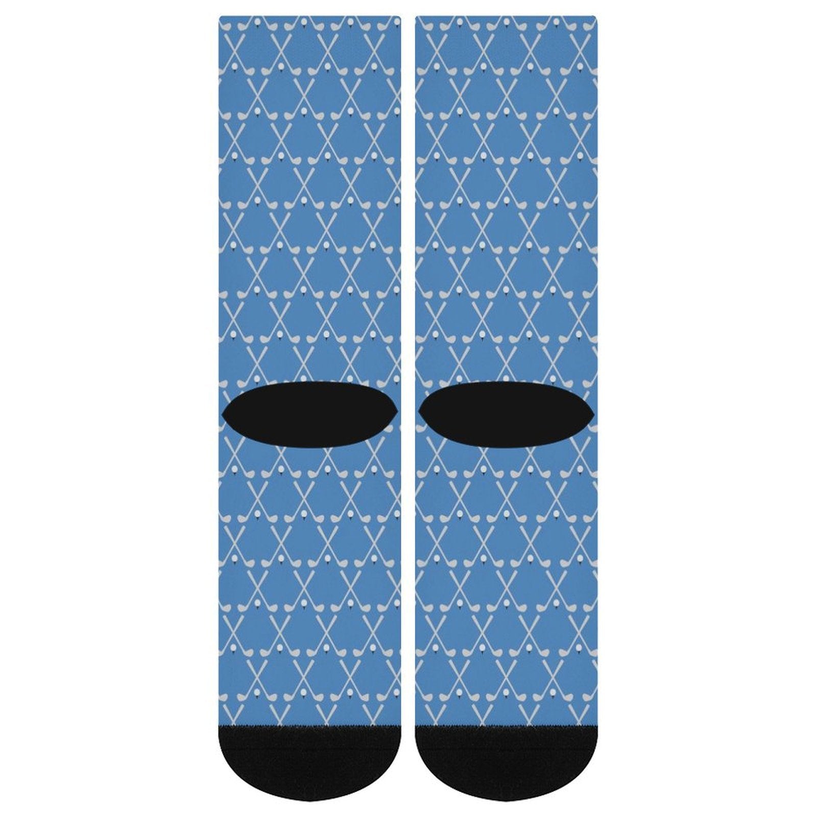 Blue crew socks with white tap pattern and black cushioned sole, soft polyester blend, stylish 3D print, perfect tap printed sock gifts for men and women.