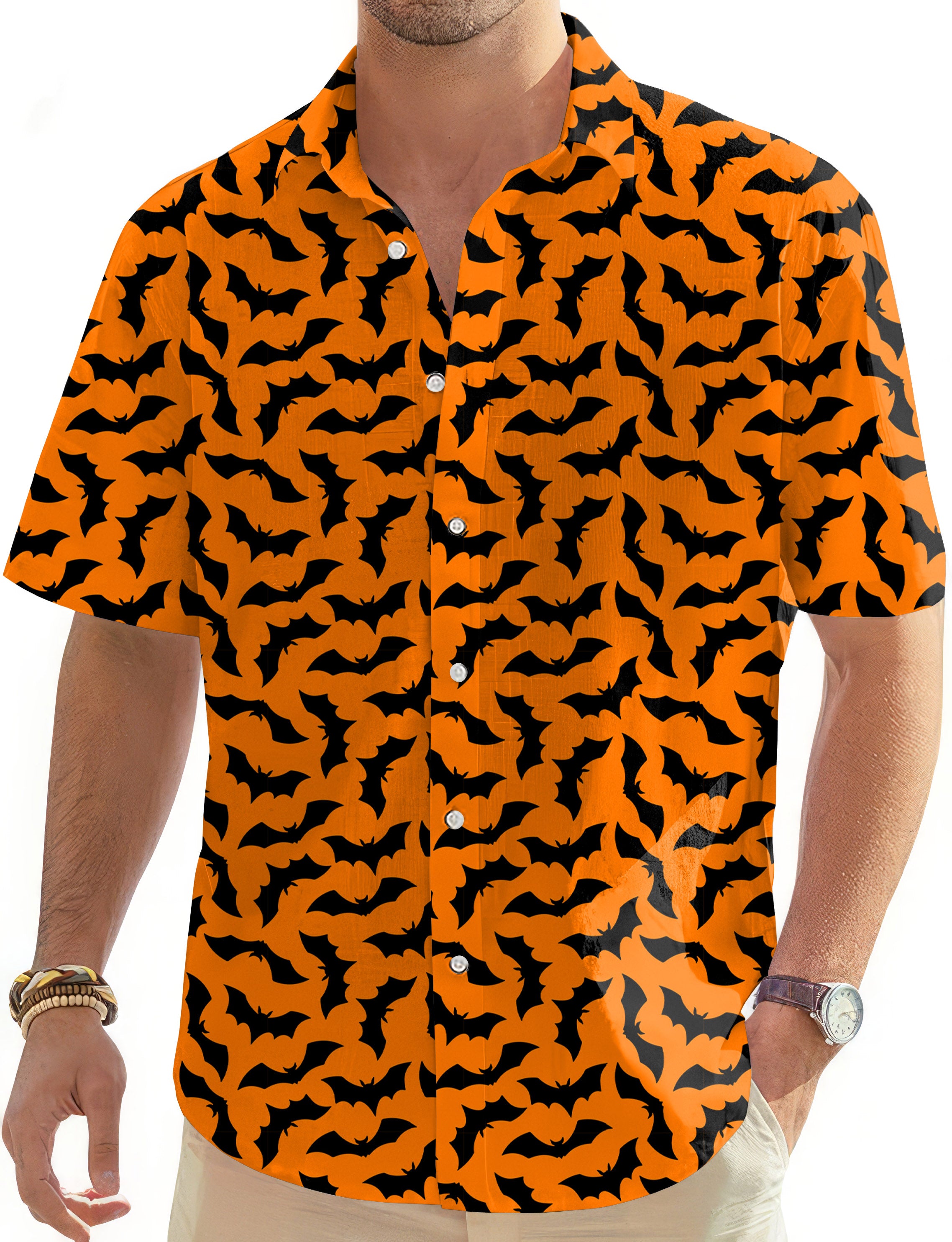 Halloween Bat Custom The Background Color Men's Golf Hawaiian Shirts Button Down Shirt