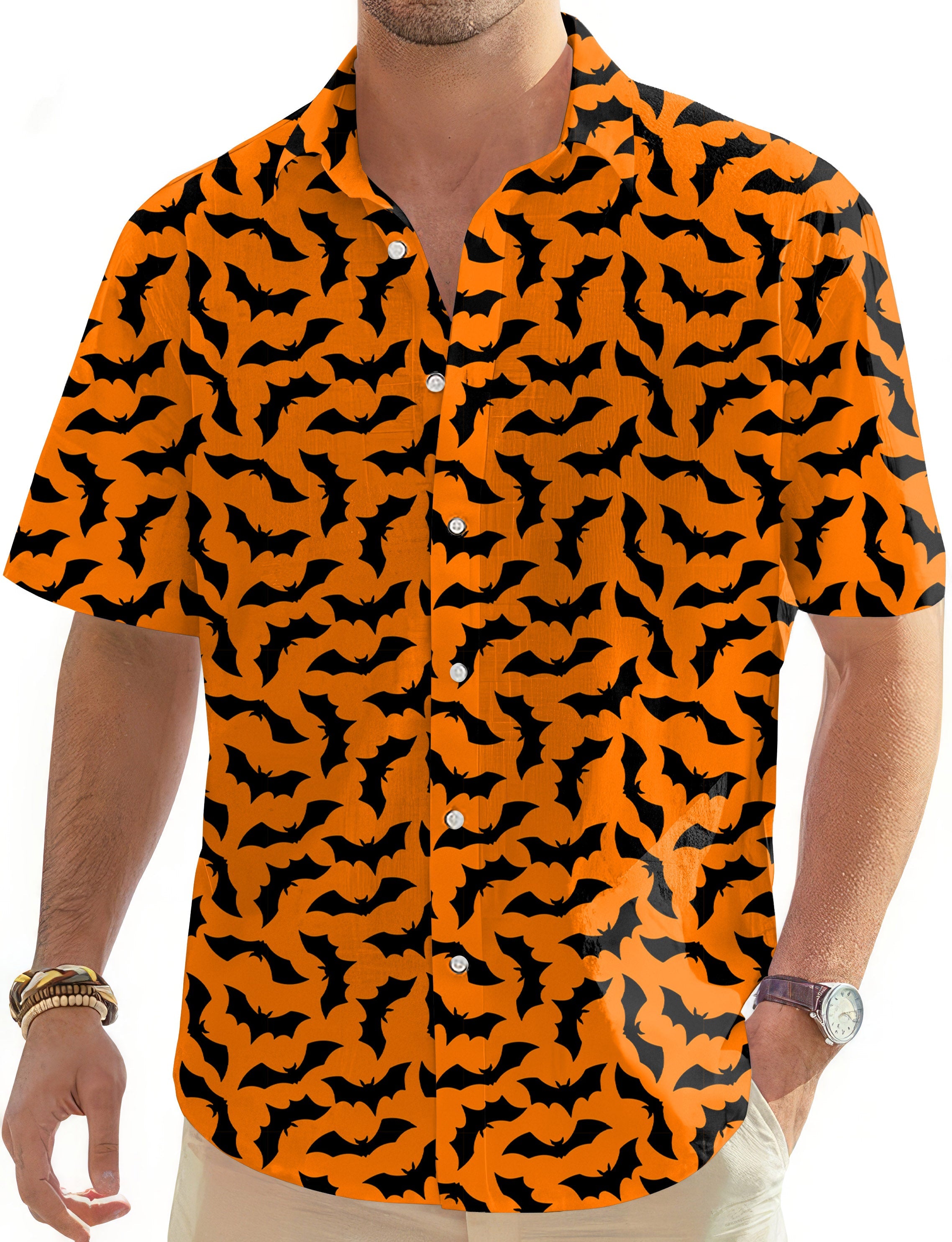 Men's Halloween Bat Custom button-down Hawaiian shirt with orange and black bat pattern