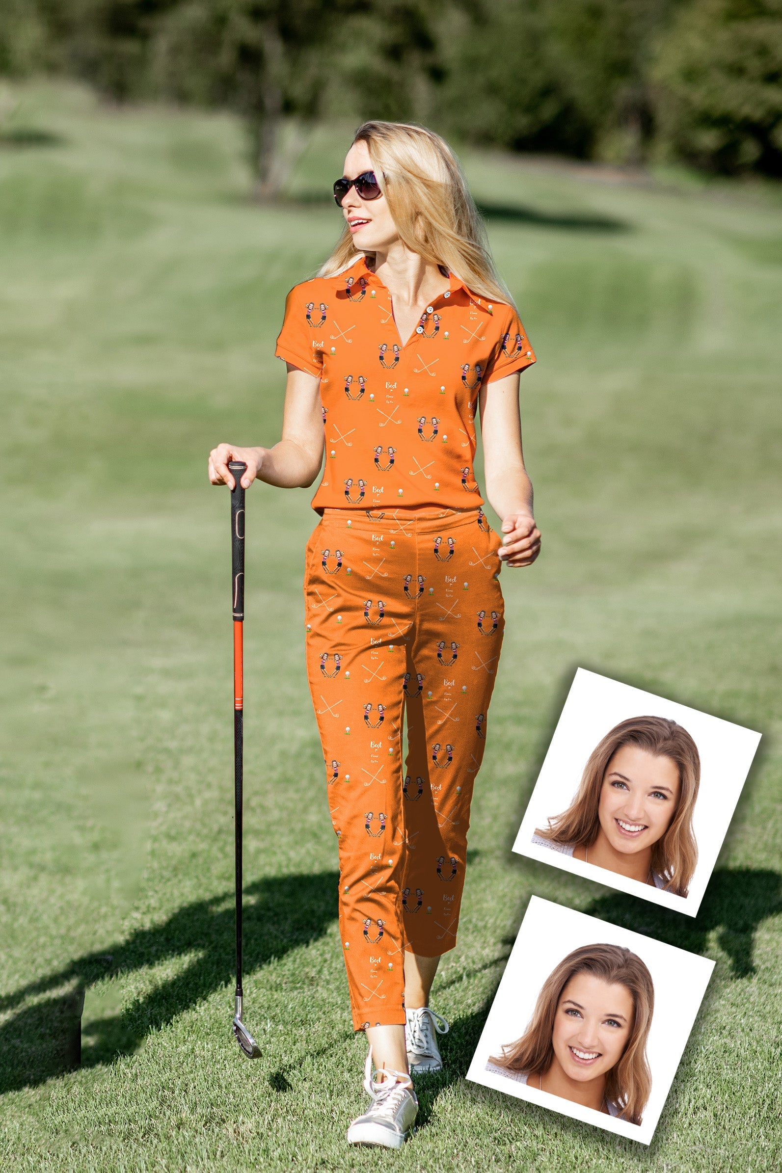 Women's golf polo and pants set orange custom photo name design on golf course