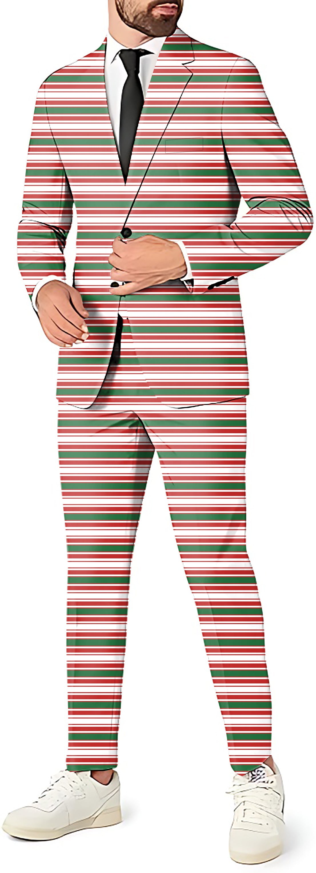 Men's striped Christmas party suit set with blazer and pants in red, white, and green colors