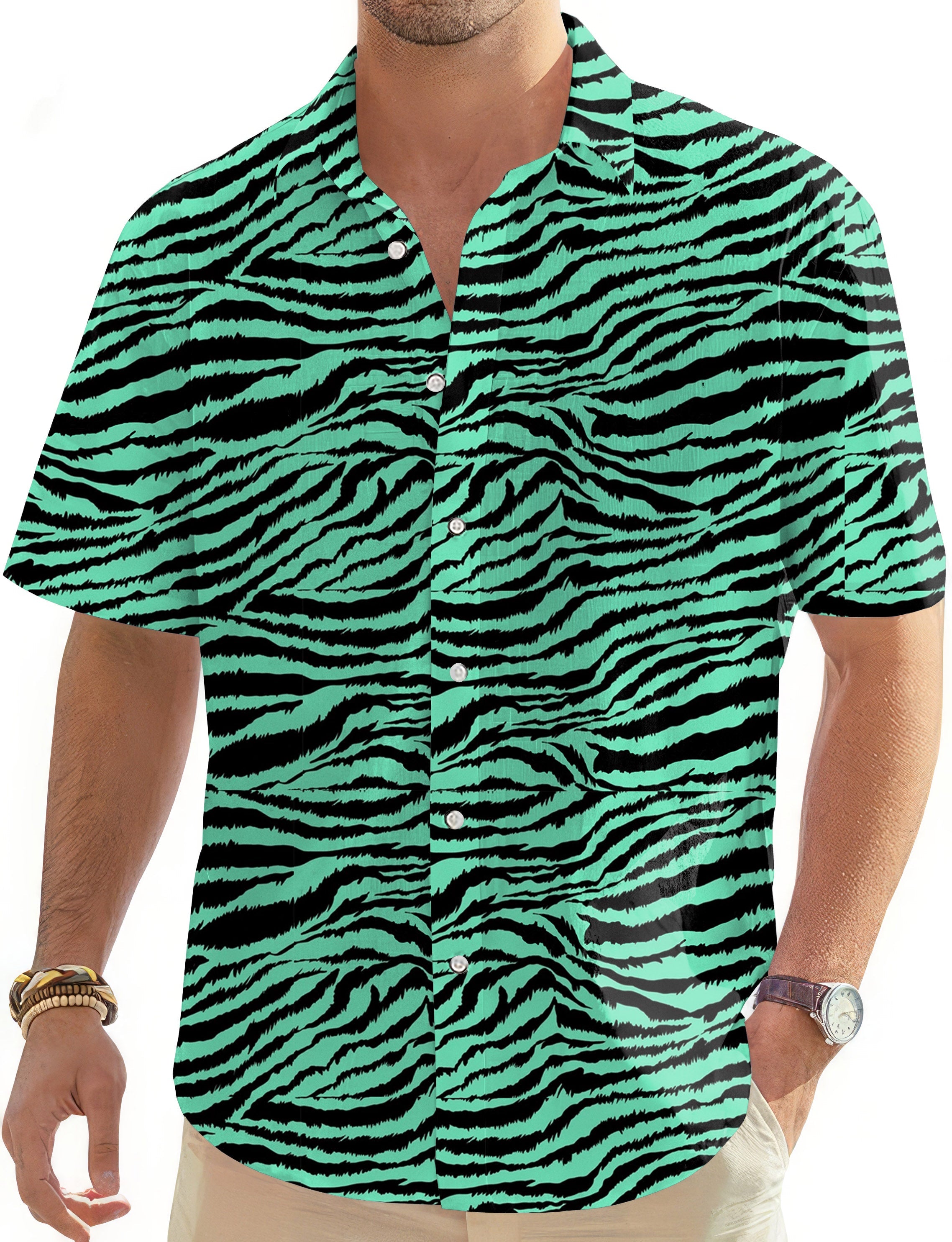 Men's short sleeve Hawaiian shirt with green and black zebra print, button-down collar, perfect for casual and beach wear