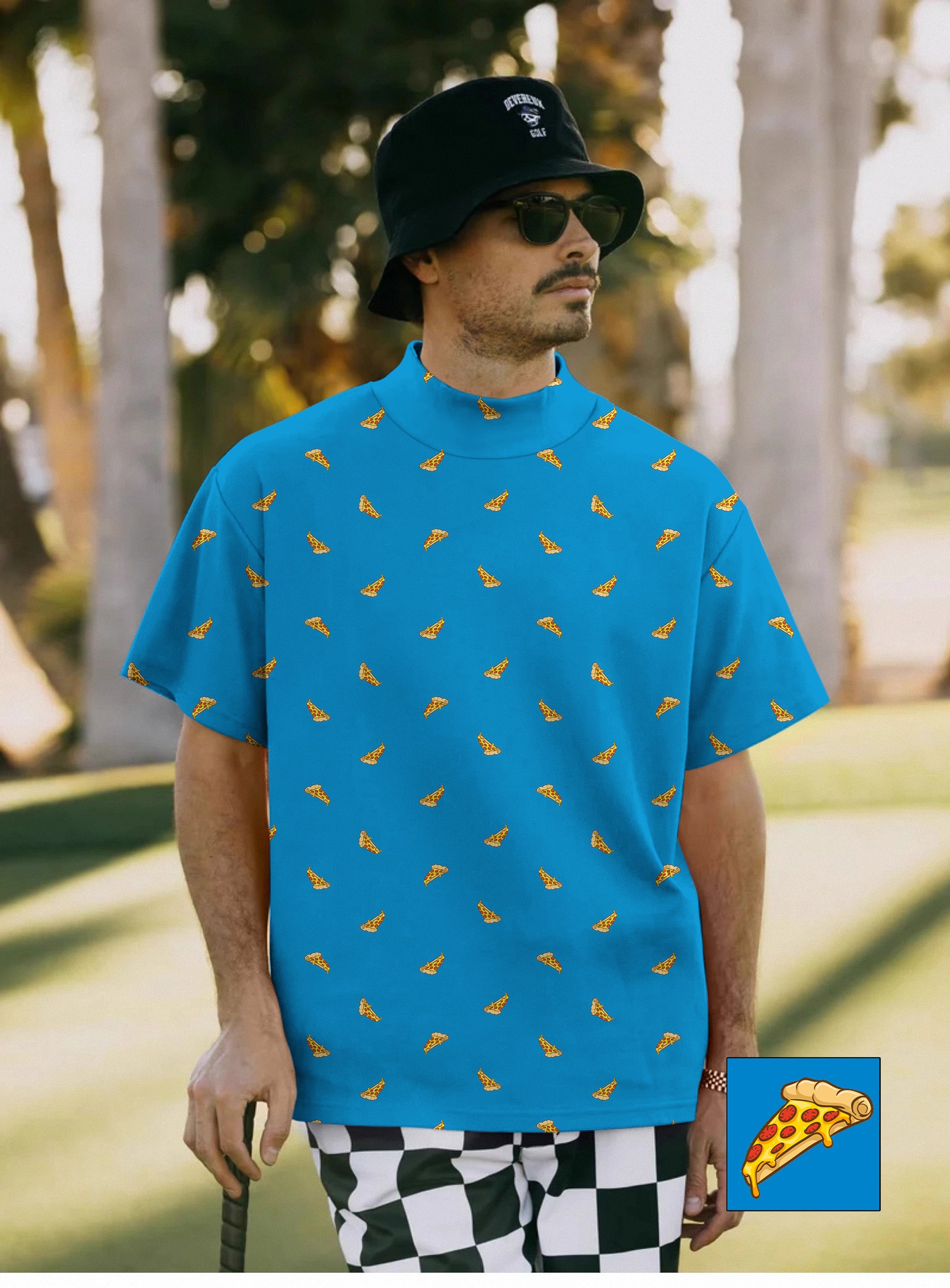 Men's high neck short sleeve pullover with blue background and pizza slice pattern