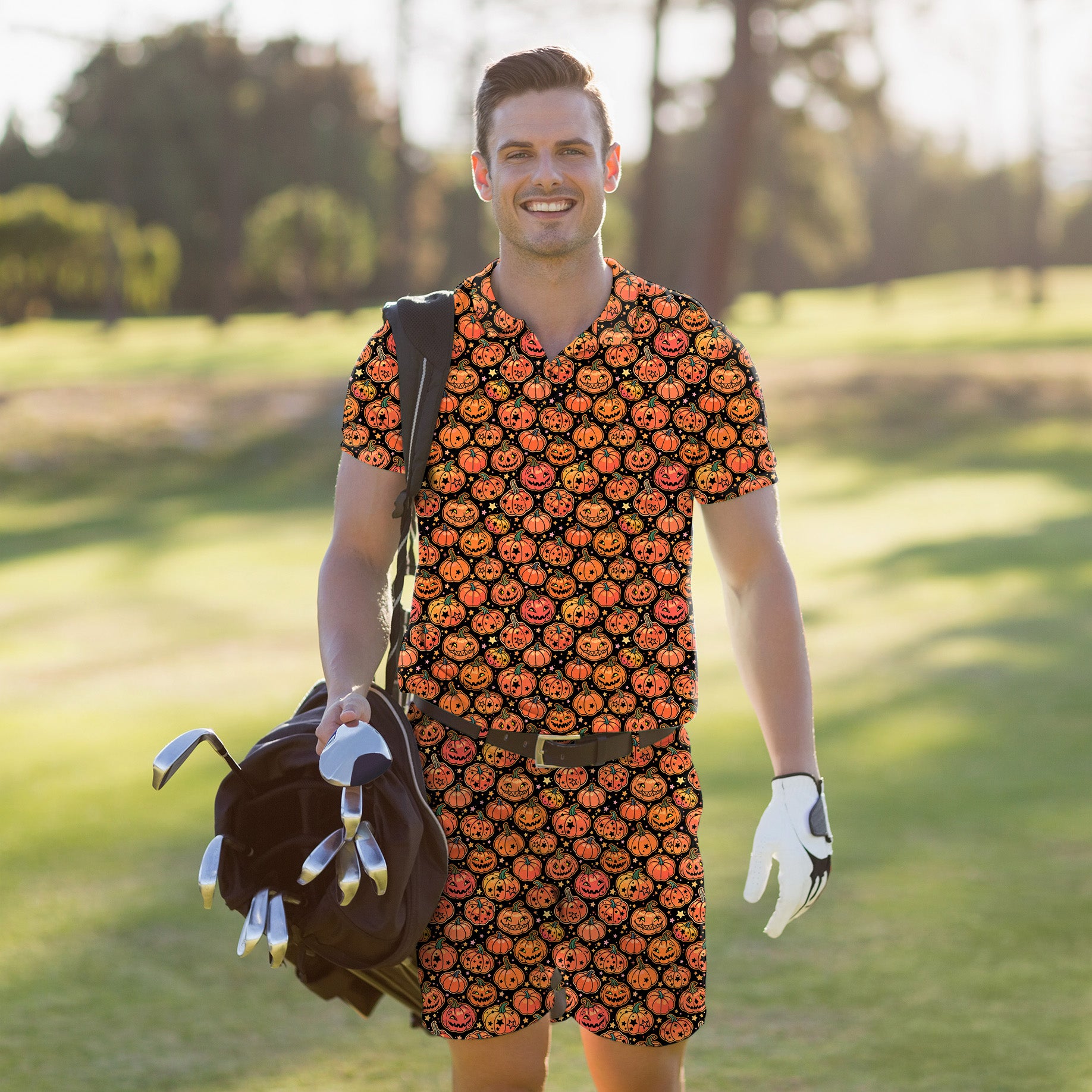 Men's Golf Set Polo+Shorts Halloween Star Pumpkin Bones