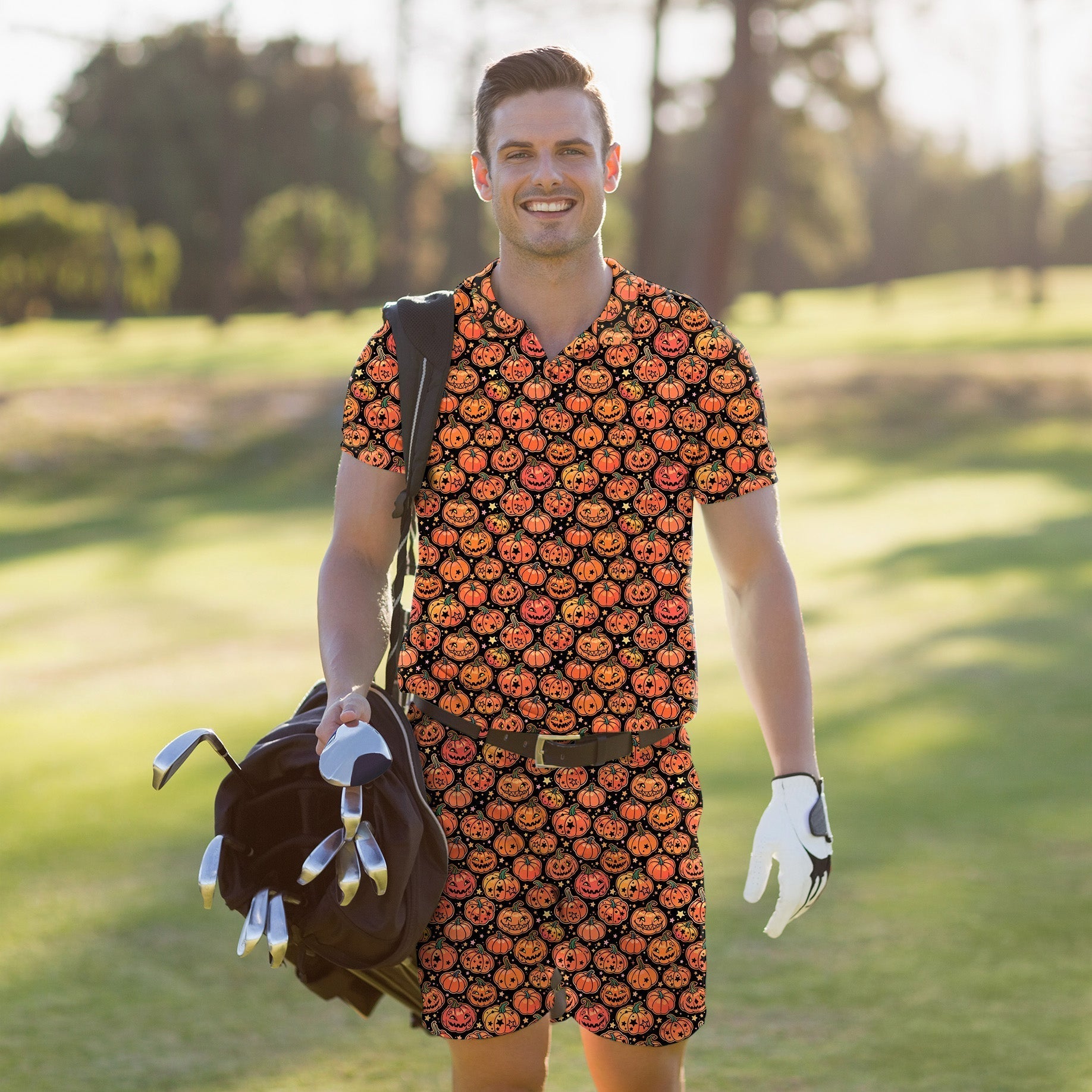 Men's golf set with Halloween pumpkin and bones pattern polo shirt and shorts, moisture-wicking, wrinkle-resistant, UPF 40+ protection, four-way stretch fabric, classic fit.