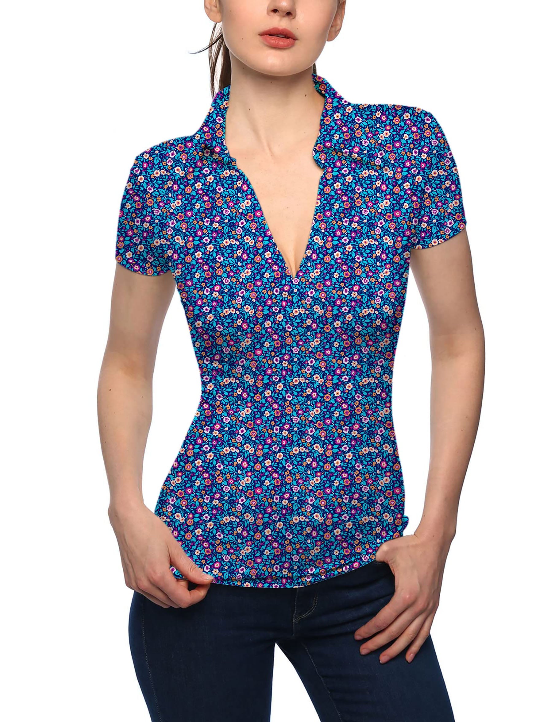 Women's dark floral V neck golf polo shirt with stand collar and short sleeves