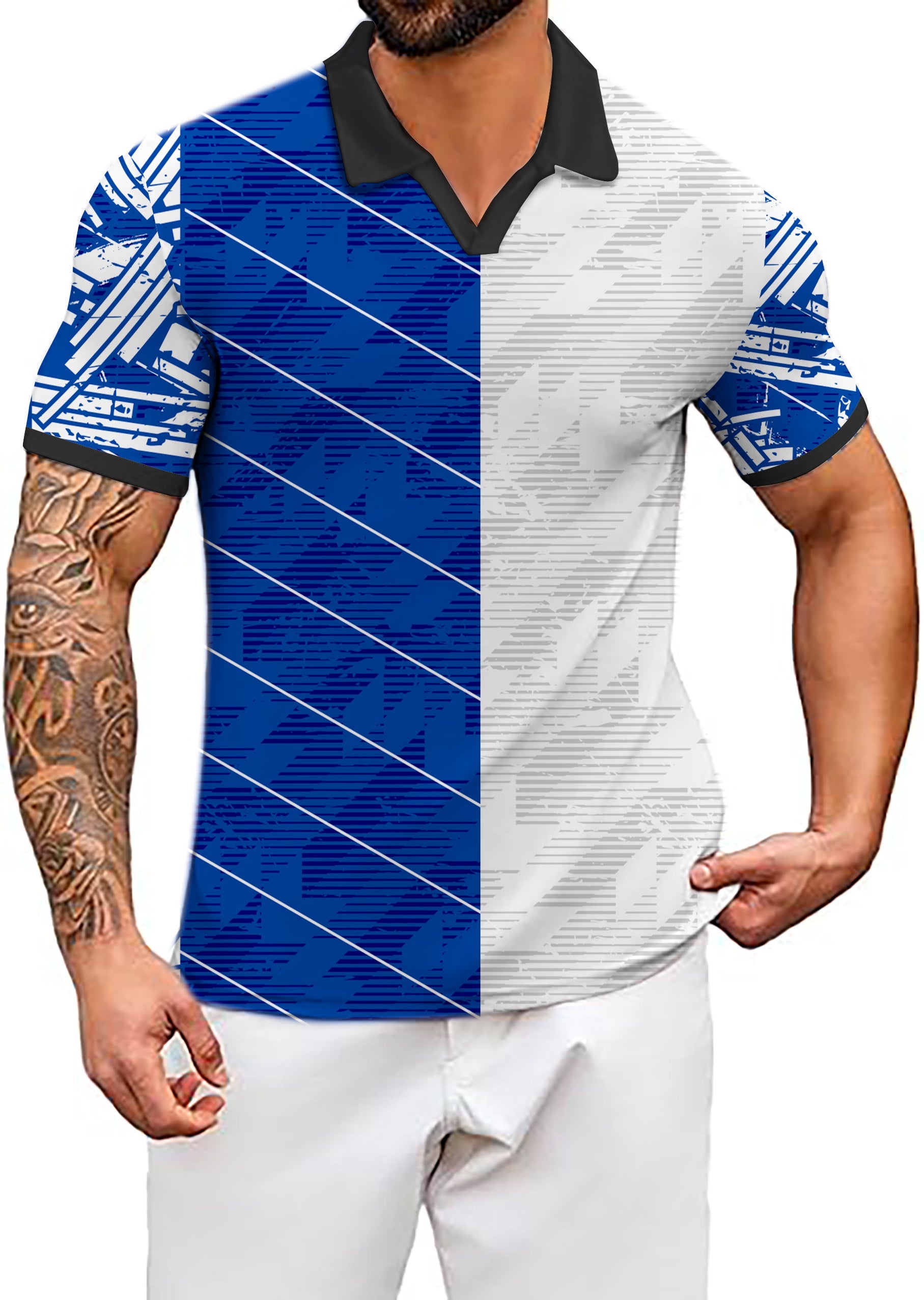 Men's Coconut Palm blue and white V-neck golf polo shirt with custom stitching and moisture-wicking fabric