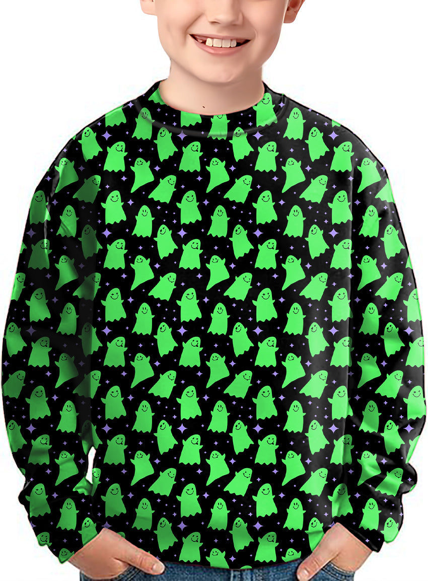Kids Halloween pullover with green ghost crewneck pattern on black background