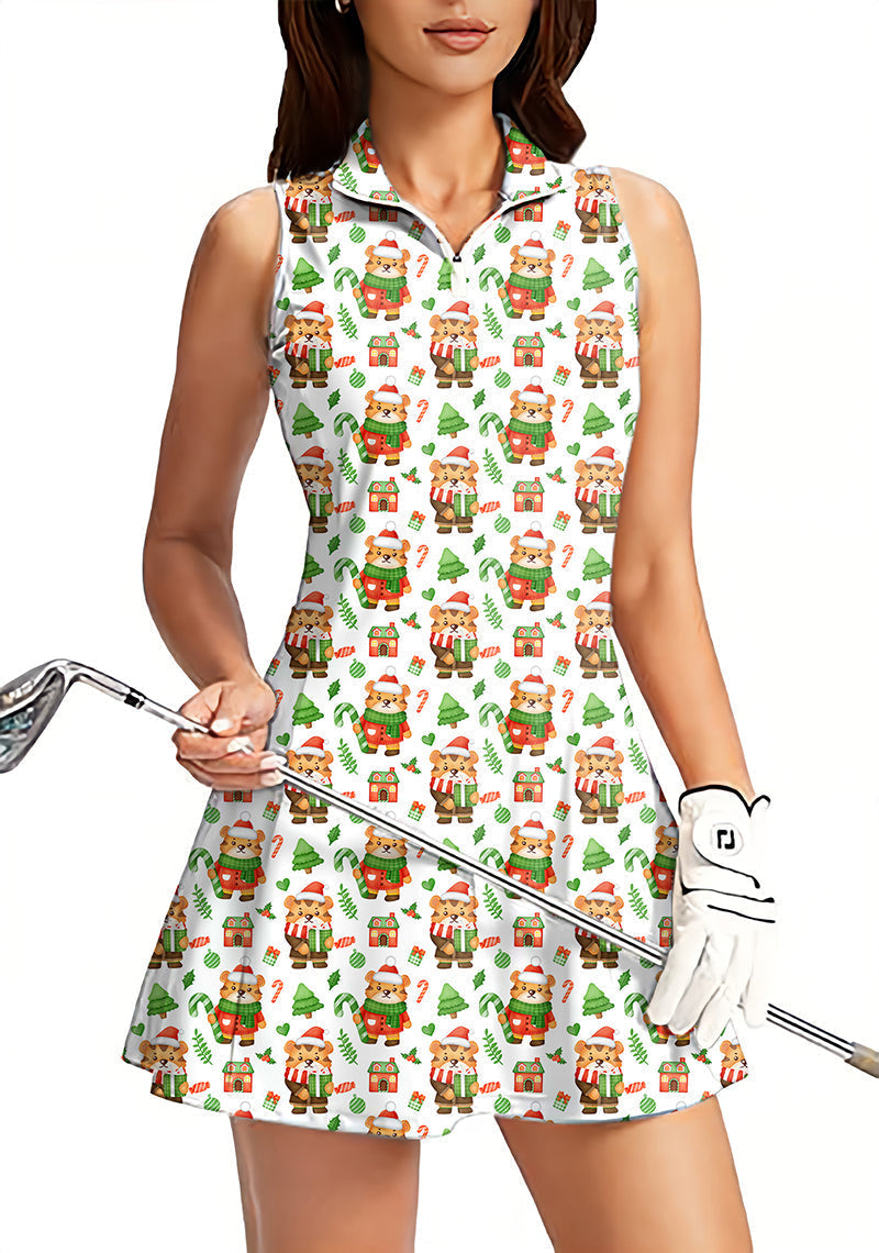 Christmas tiger women's golf sleeveless zipper dress with built-in shorts and festive print