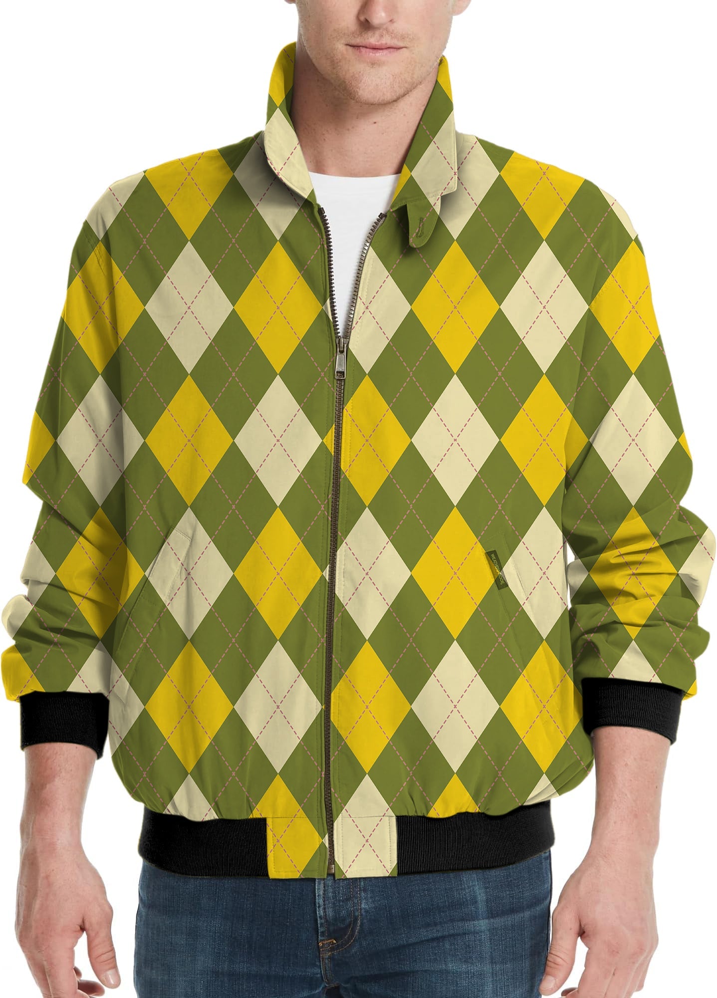 Yollow Argyle men's golf windbreaker light jacket with yellow and green argyle pattern